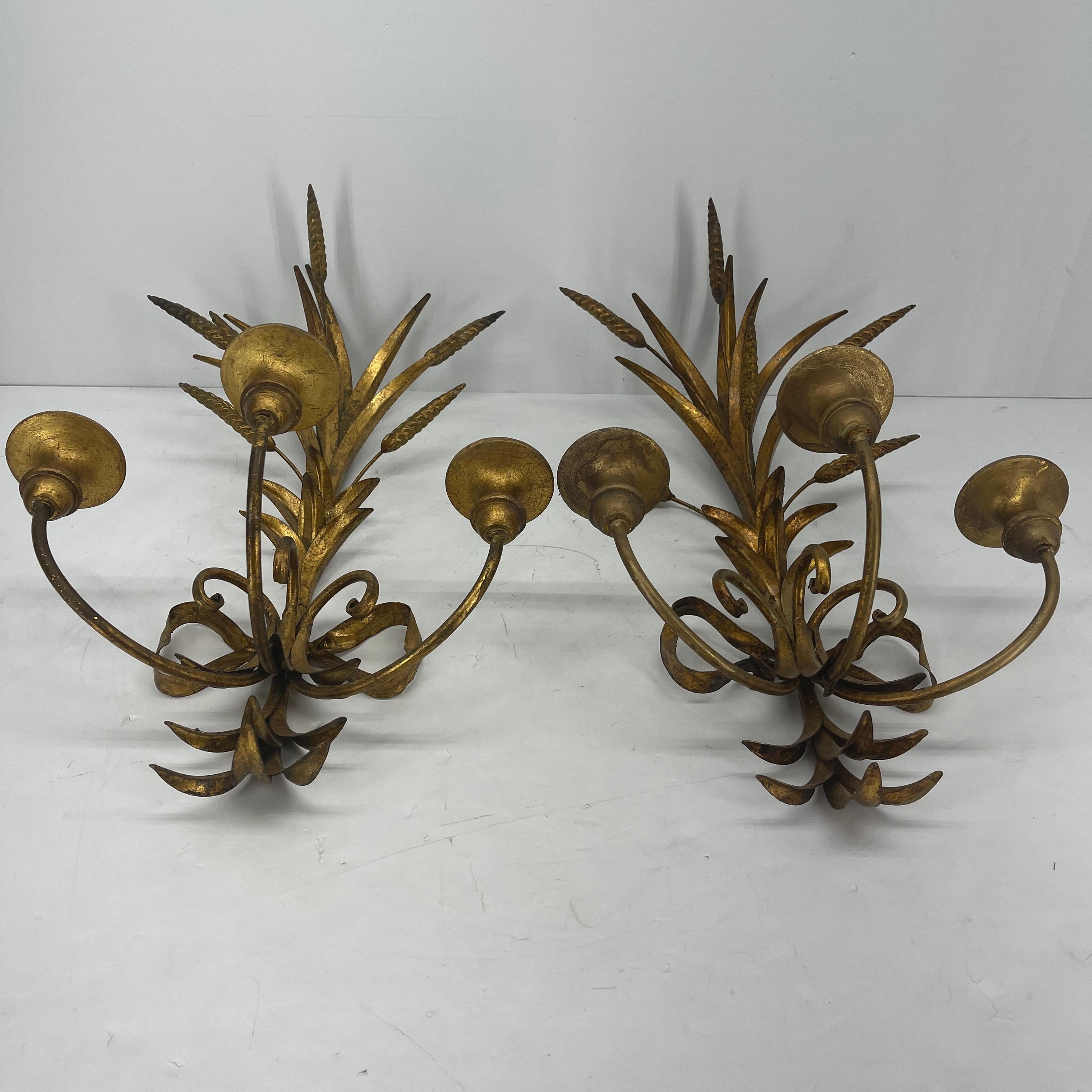 Pair of Wheat Sheaf Gilded Sconces, Hollywood Regency 6