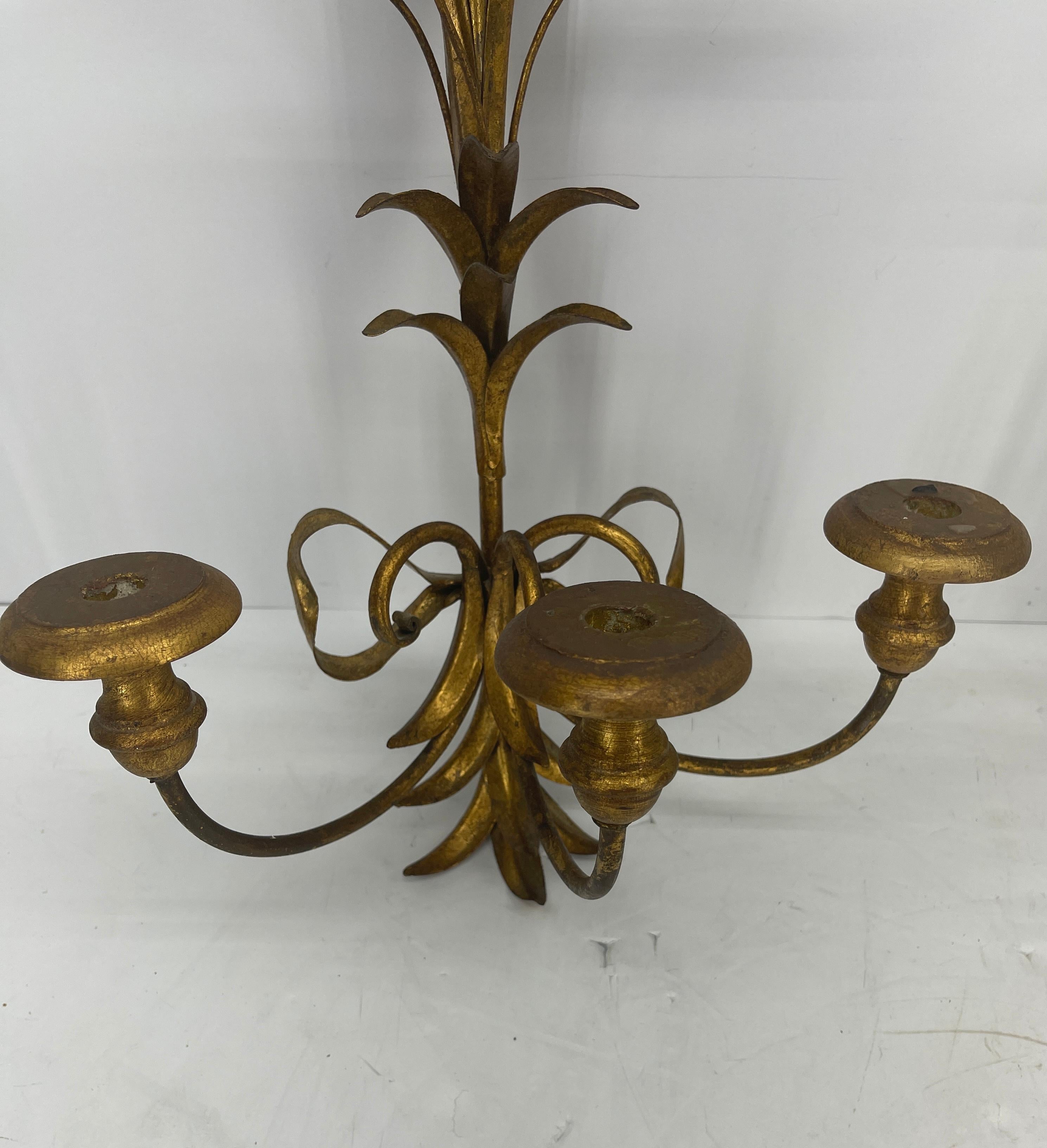 Mid-20th Century Pair of Wheat Sheaf Gilded Sconces, Hollywood Regency