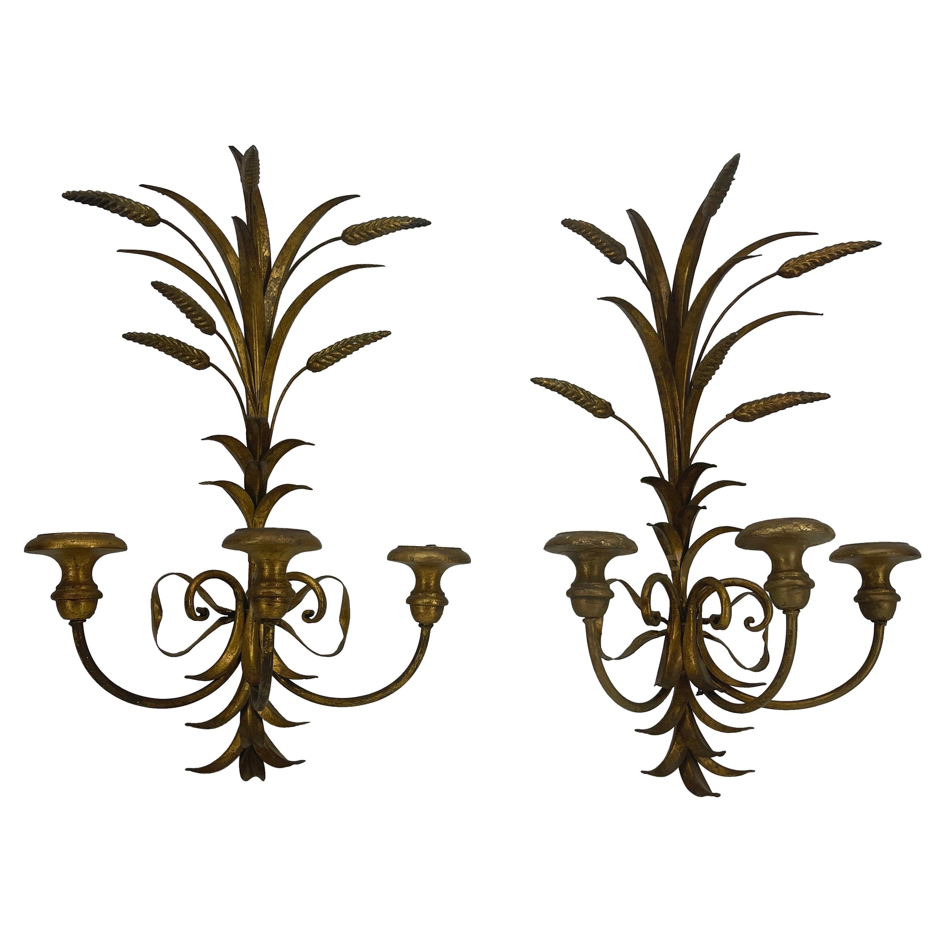 Gilt Pair of Wheat Sheaf Gilded Sconces, Hollywood Regency