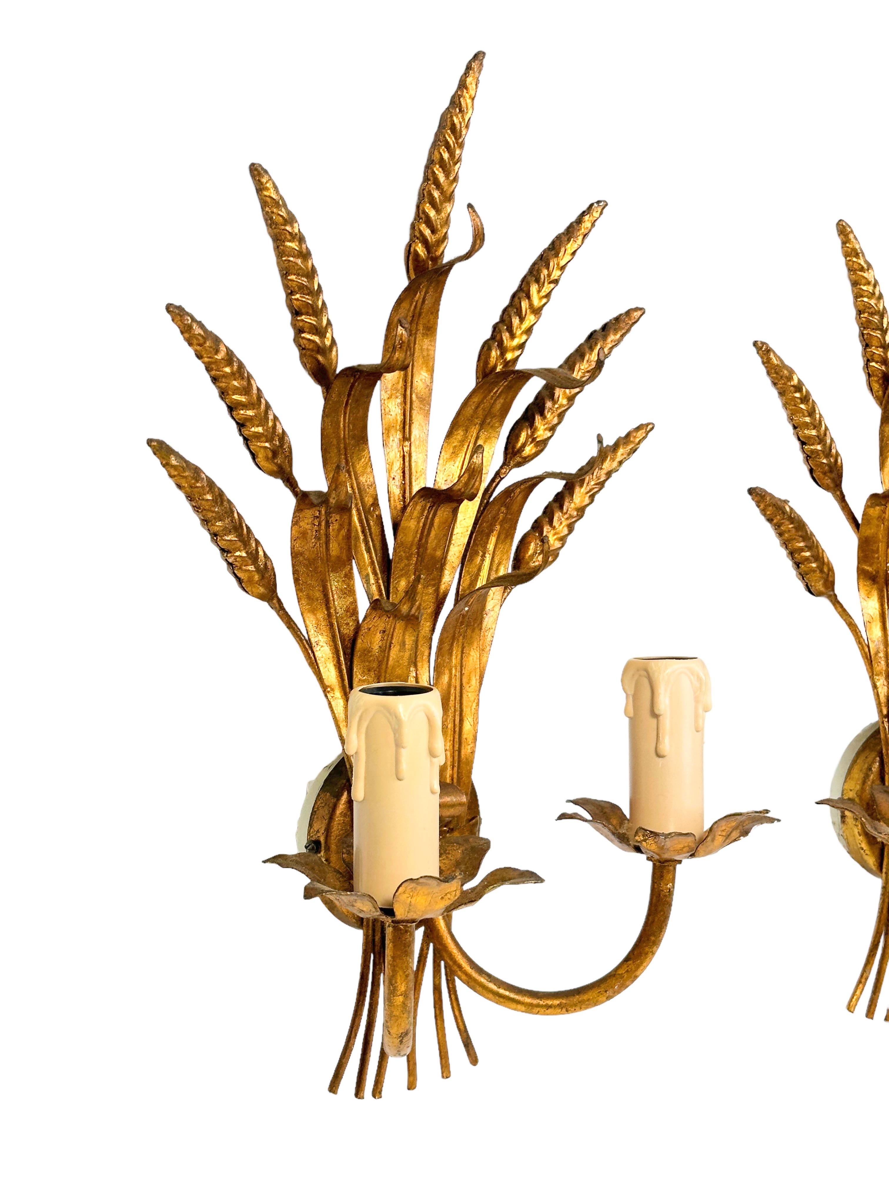 Pair of Wheat Sheaf Two-Light Gilded Tole Sconces by Sölken Leuchten Germany For Sale 3