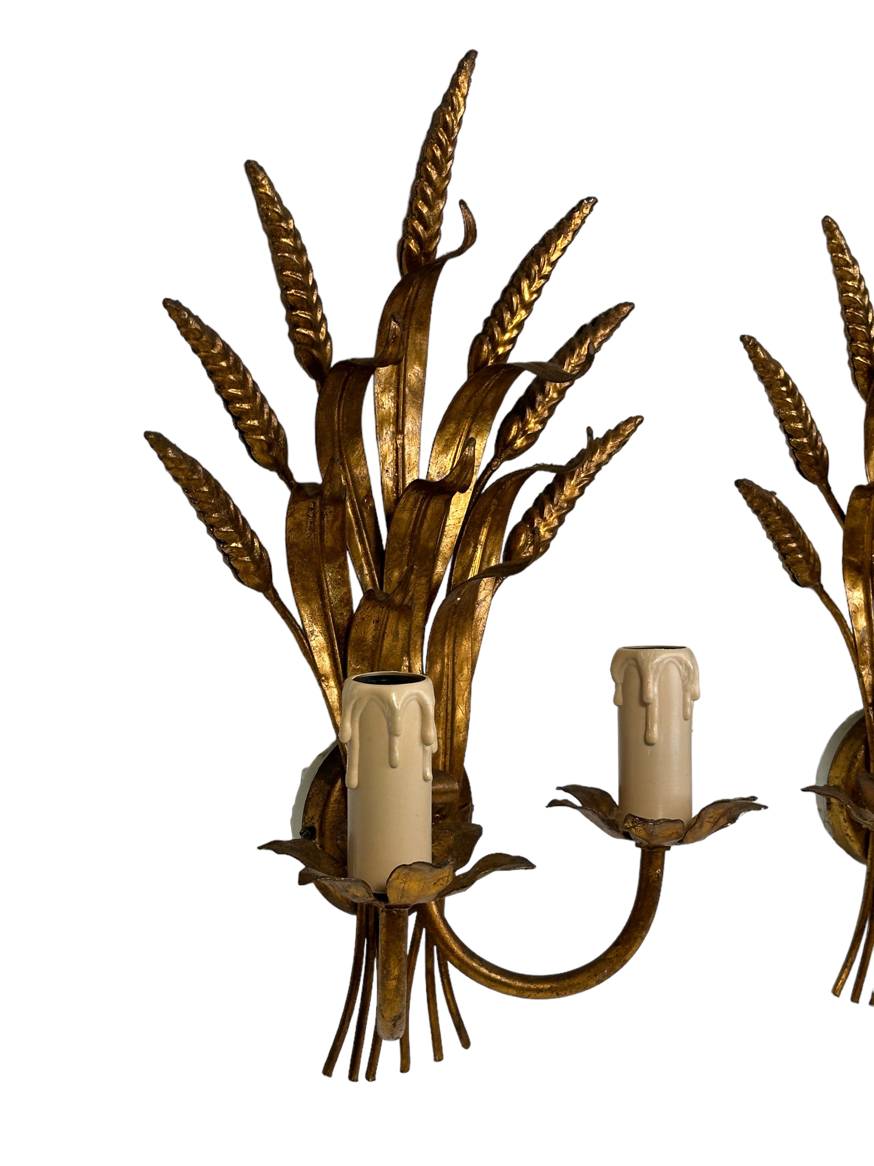 Pair of Wheat Sheaf Two-Light Gilded Tole Sconces by Sölken Leuchten Germany For Sale 4