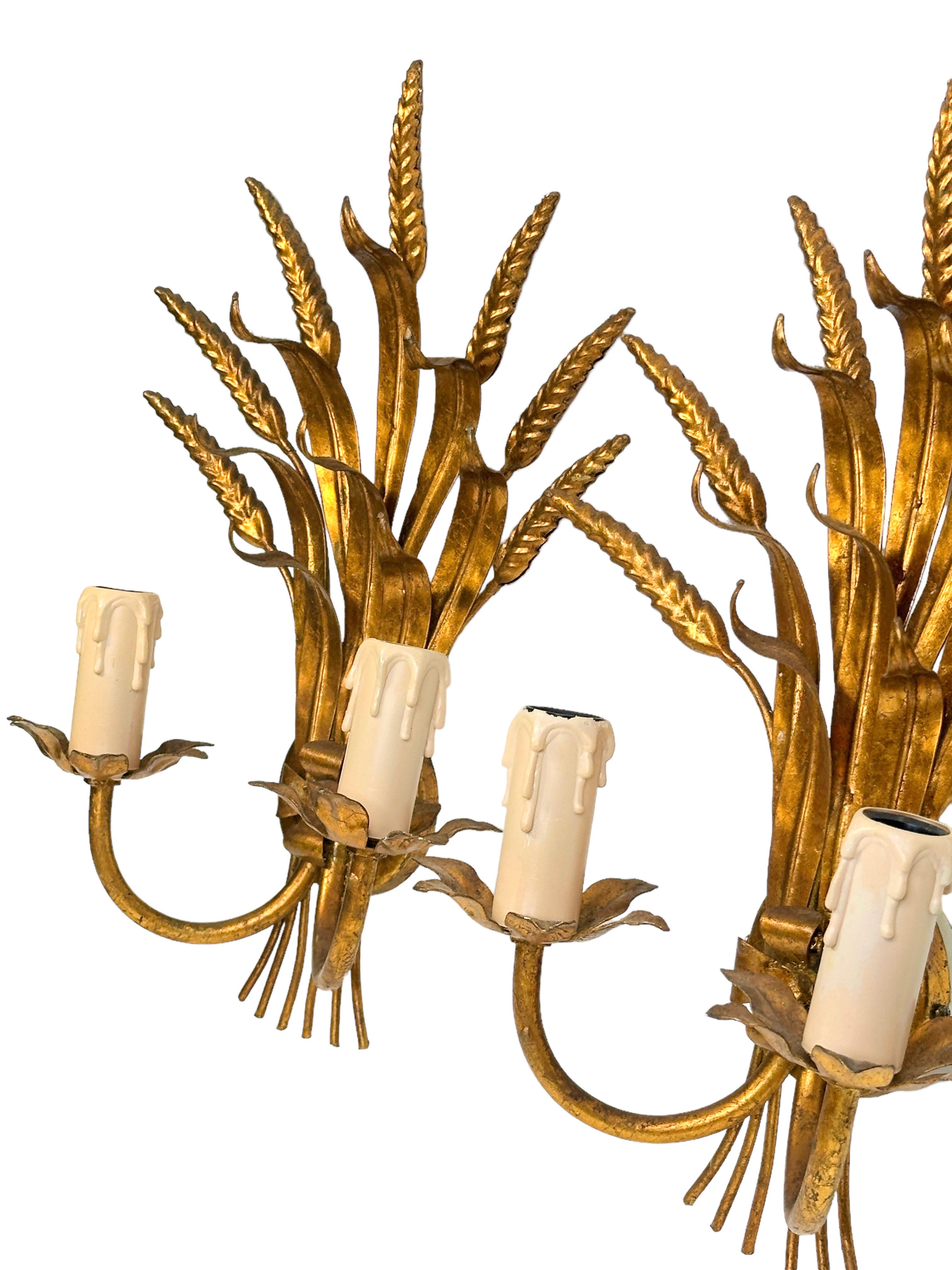 Late 20th Century Pair of Wheat Sheaf Two-Light Gilded Tole Sconces by Sölken Leuchten Germany For Sale