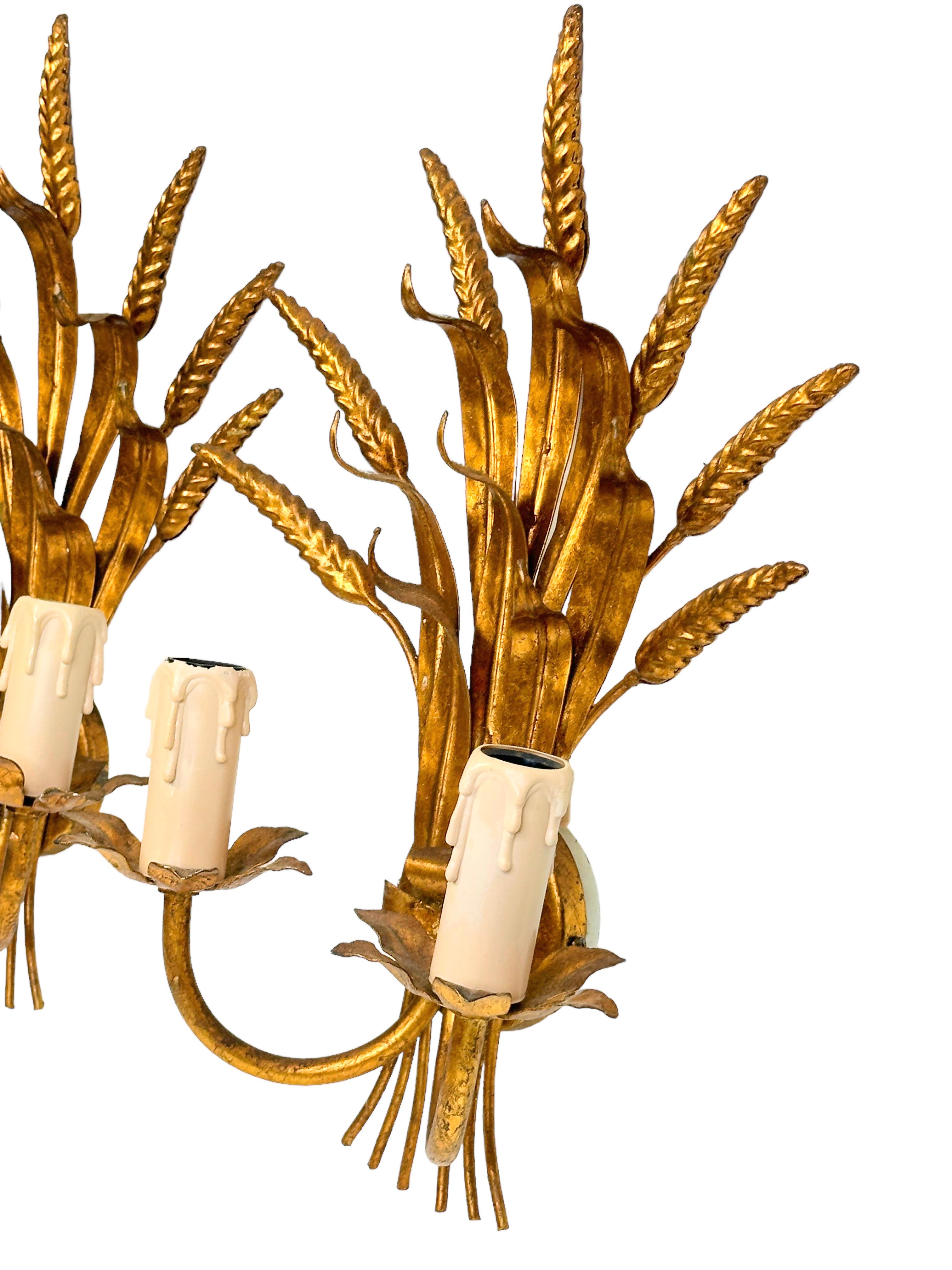 Pair of Wheat Sheaf Two-Light Gilded Tole Sconces by Sölken Leuchten Germany For Sale 1
