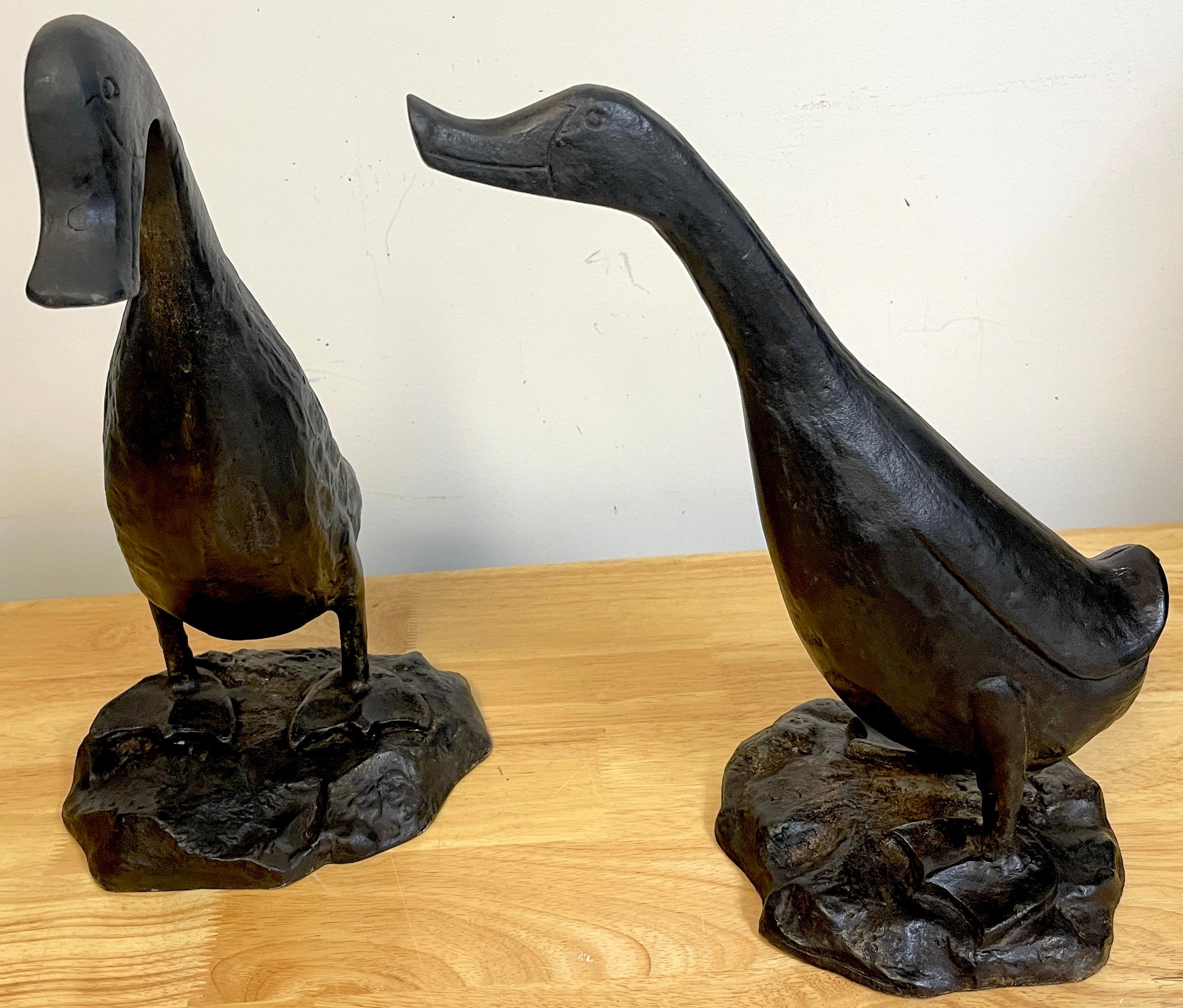 Blackened Pair of Whimsical Art Deco Garden Sculptures of Ducks