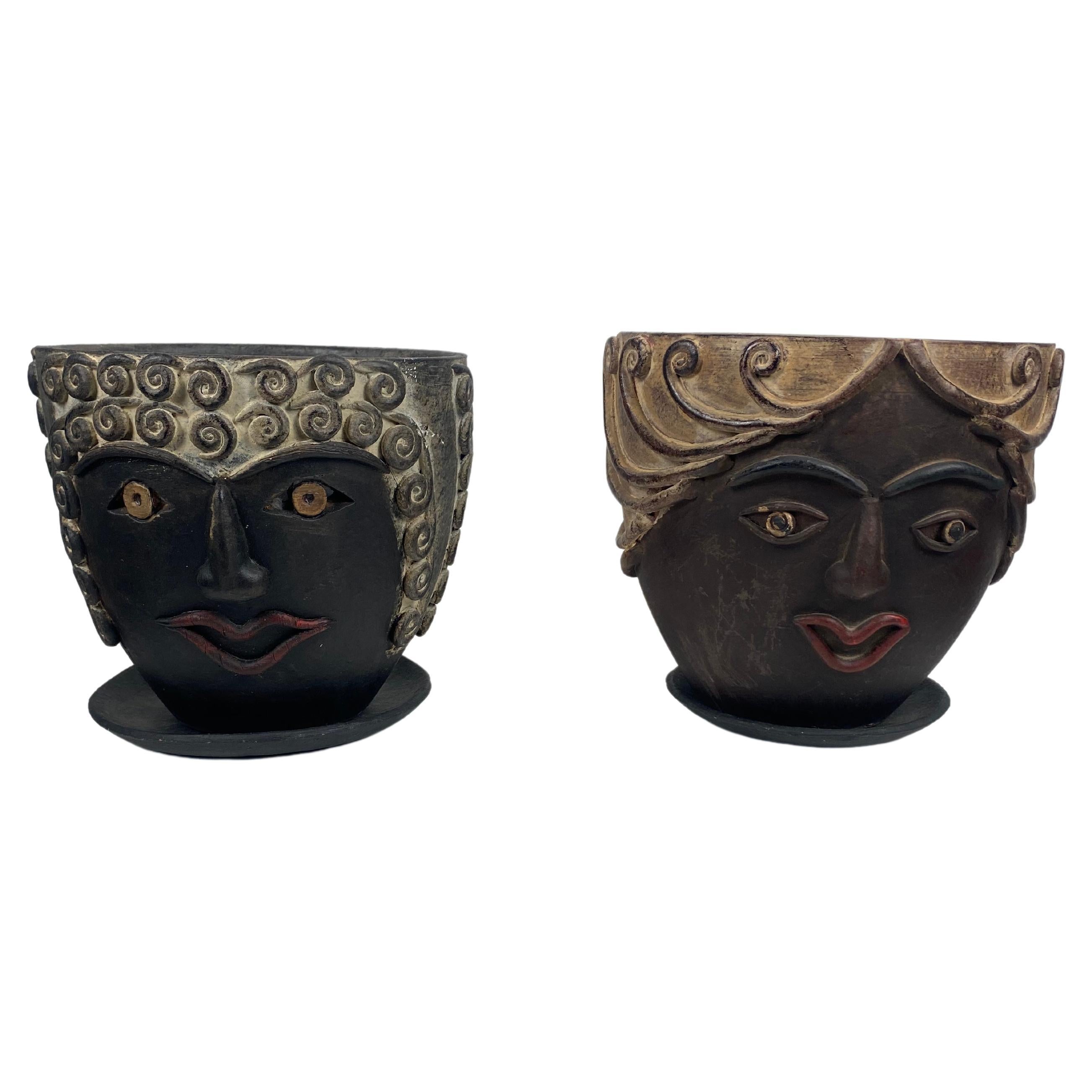 Charming pair of whimsical art Head Face Terracotta Planters, man and woman,, 1960s,,made in Mexico..Amazing Modernist design,,hair-do's.