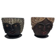 Pair of whimsical art Head Face's Terracotta Planters, 1960s Mexico
