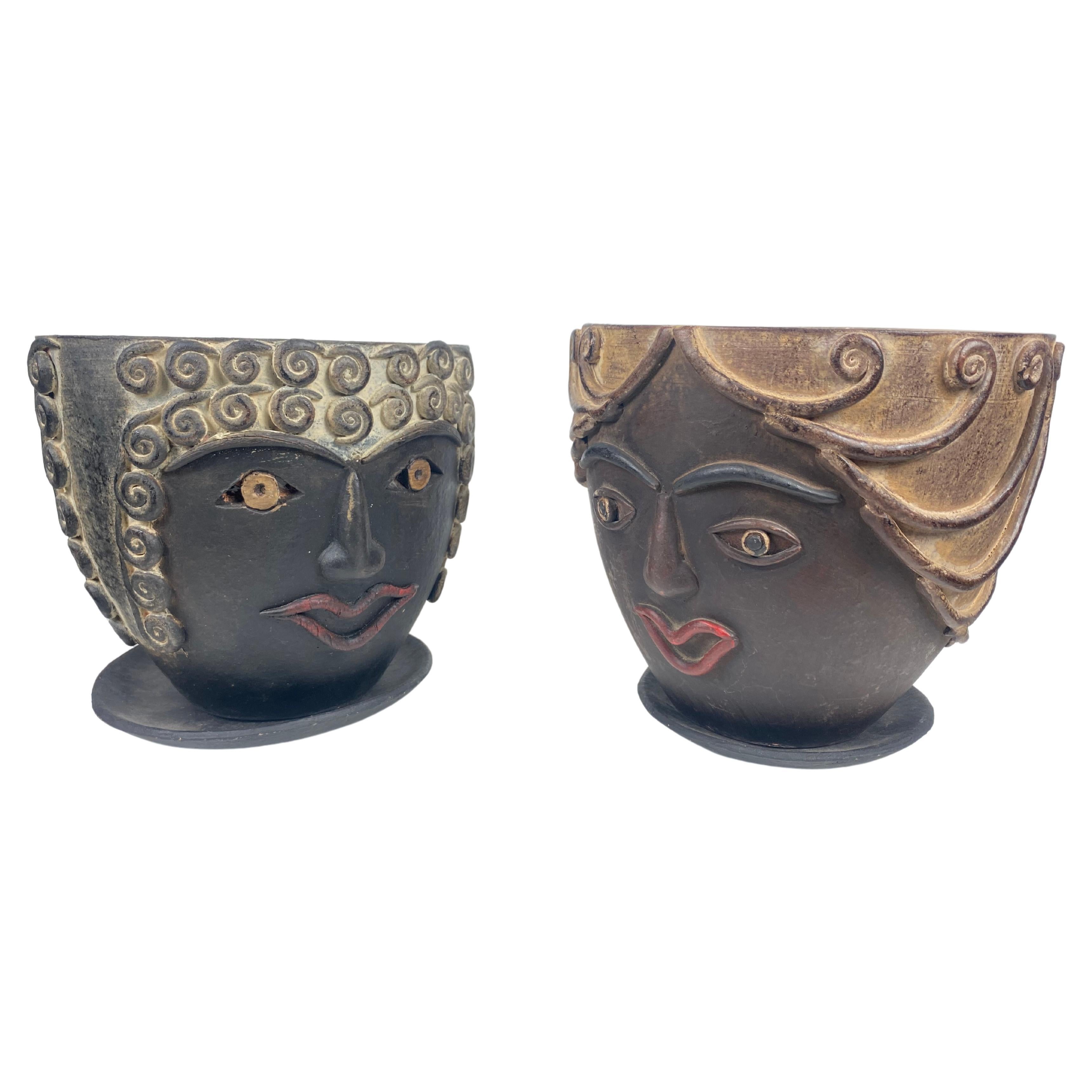 Pair of whimsical art Head Face's Terracotta Planters, 1960s Mexico For Sale