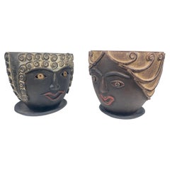 Pair of whimsical art Head Face's Terracotta Planters, 1960s Mexico