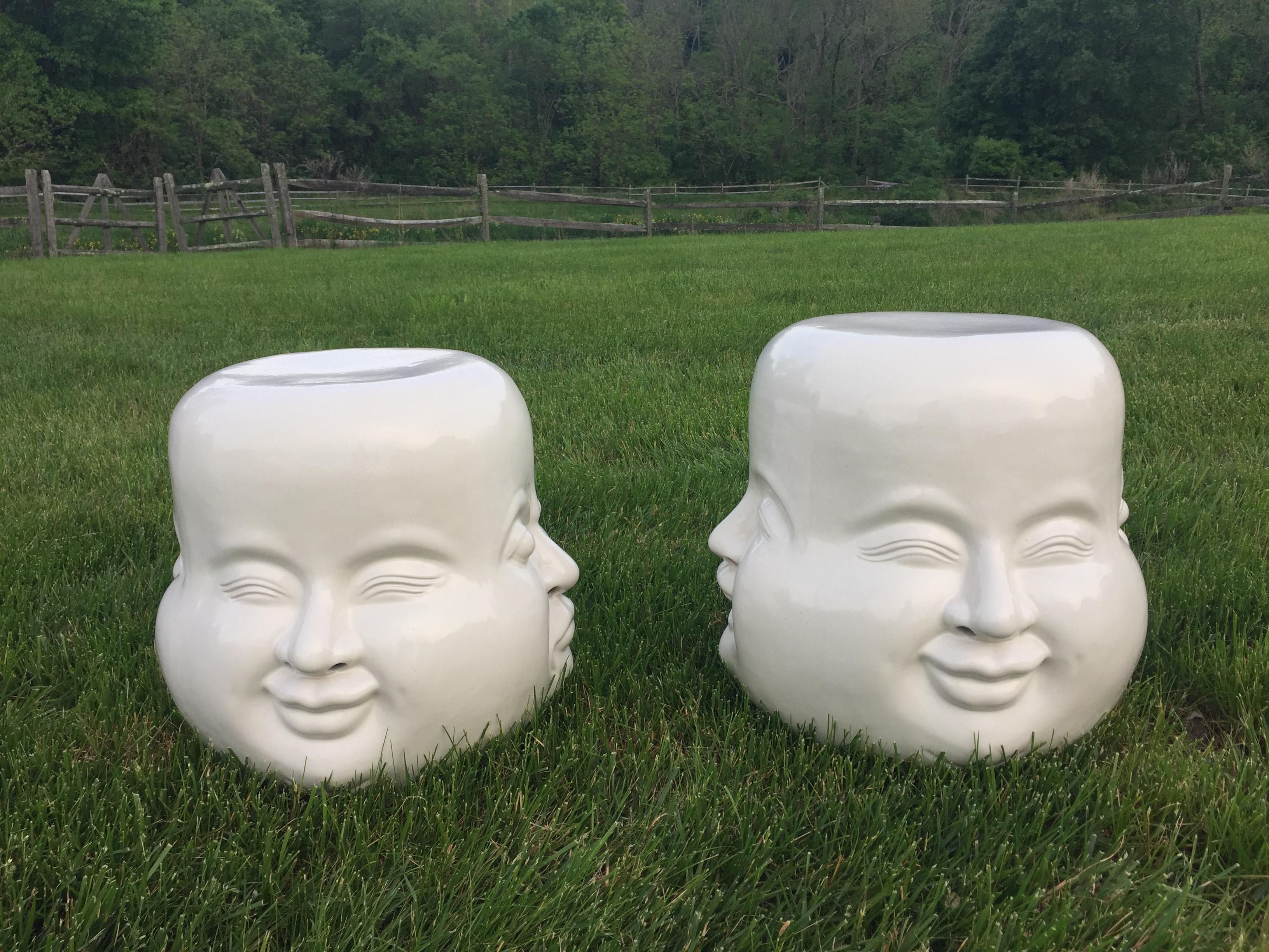 Indonesian Pair of Whimsical Blanc de Chine Garden Seat End Tables with Faces