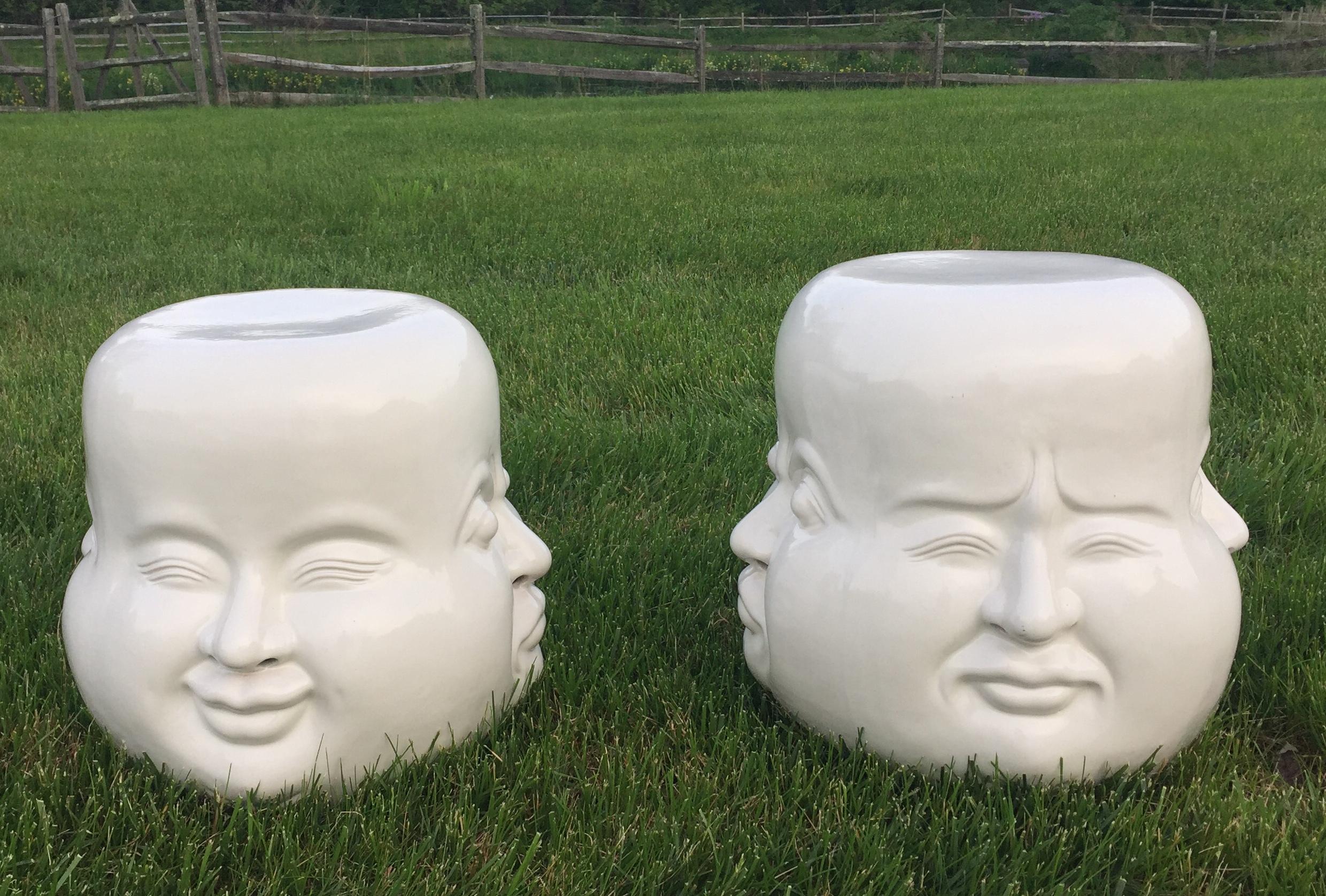 Pair of Whimsical Blanc de Chine Garden Seat End Tables with Faces In Excellent Condition In Hopewell, NJ