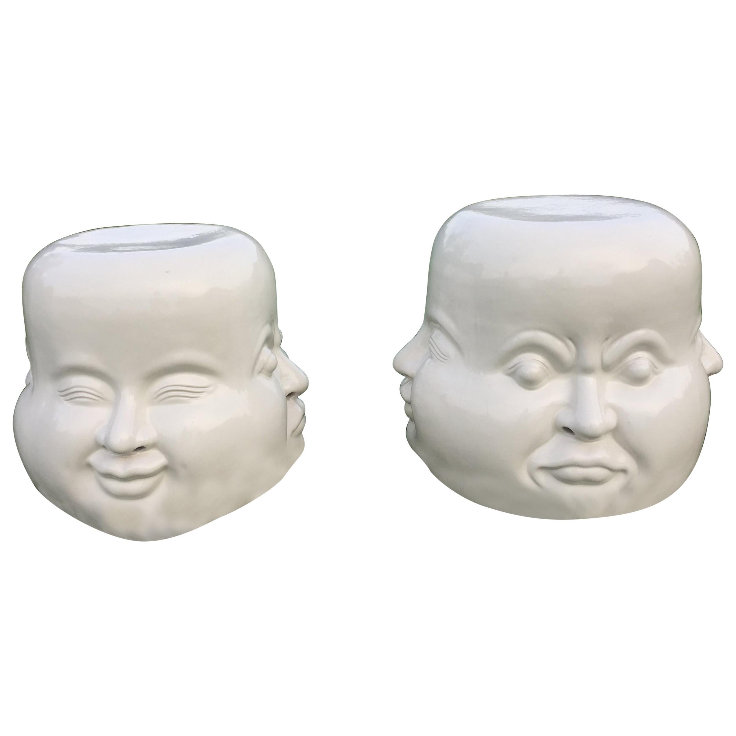 Pair of Whimsical Blanc de Chine Garden Seat End Tables with Faces