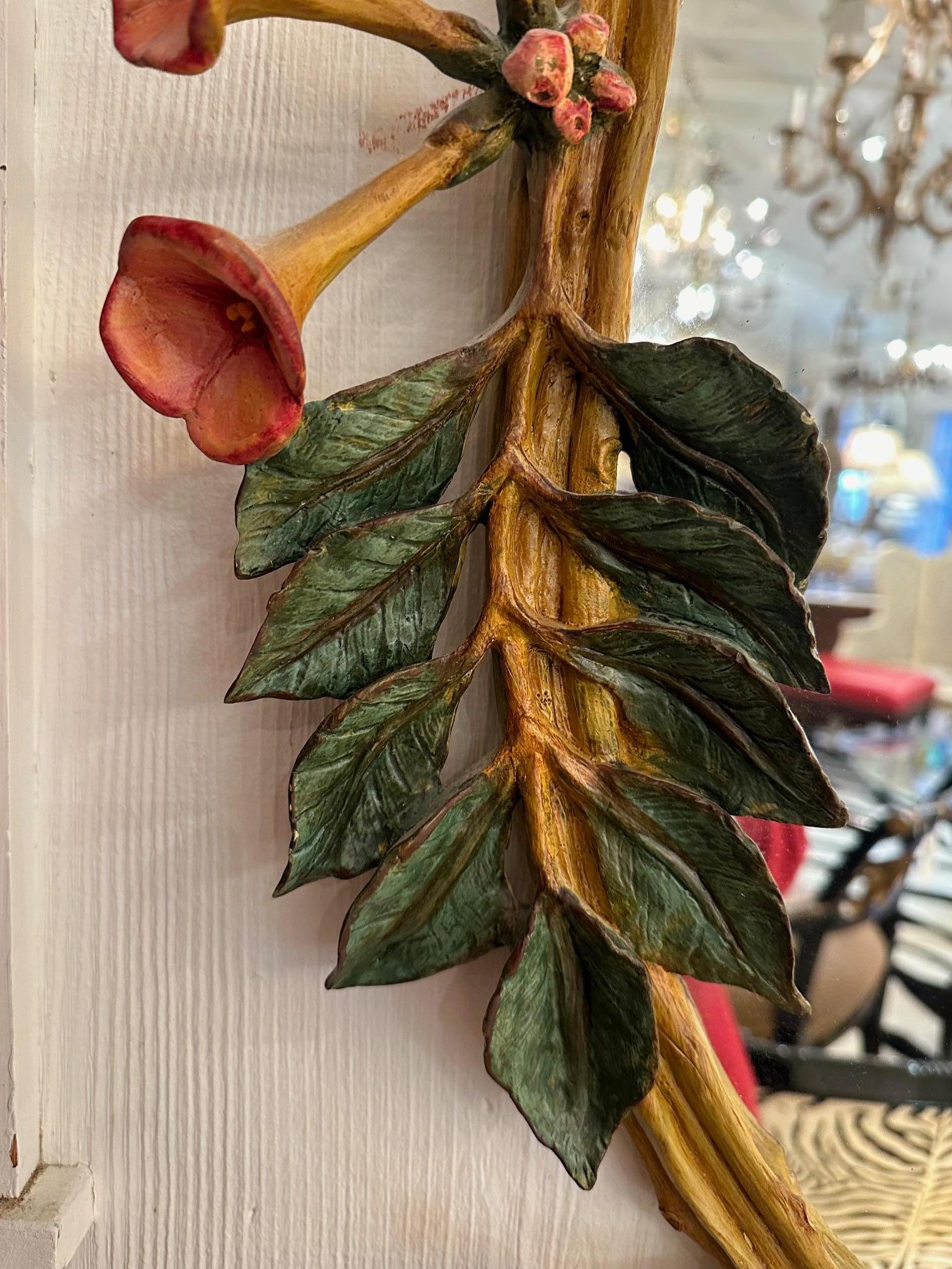 Whimsical Carol Canner Carvers Guilt Trumpet Flower Mirror In Good Condition In Hopewell, NJ