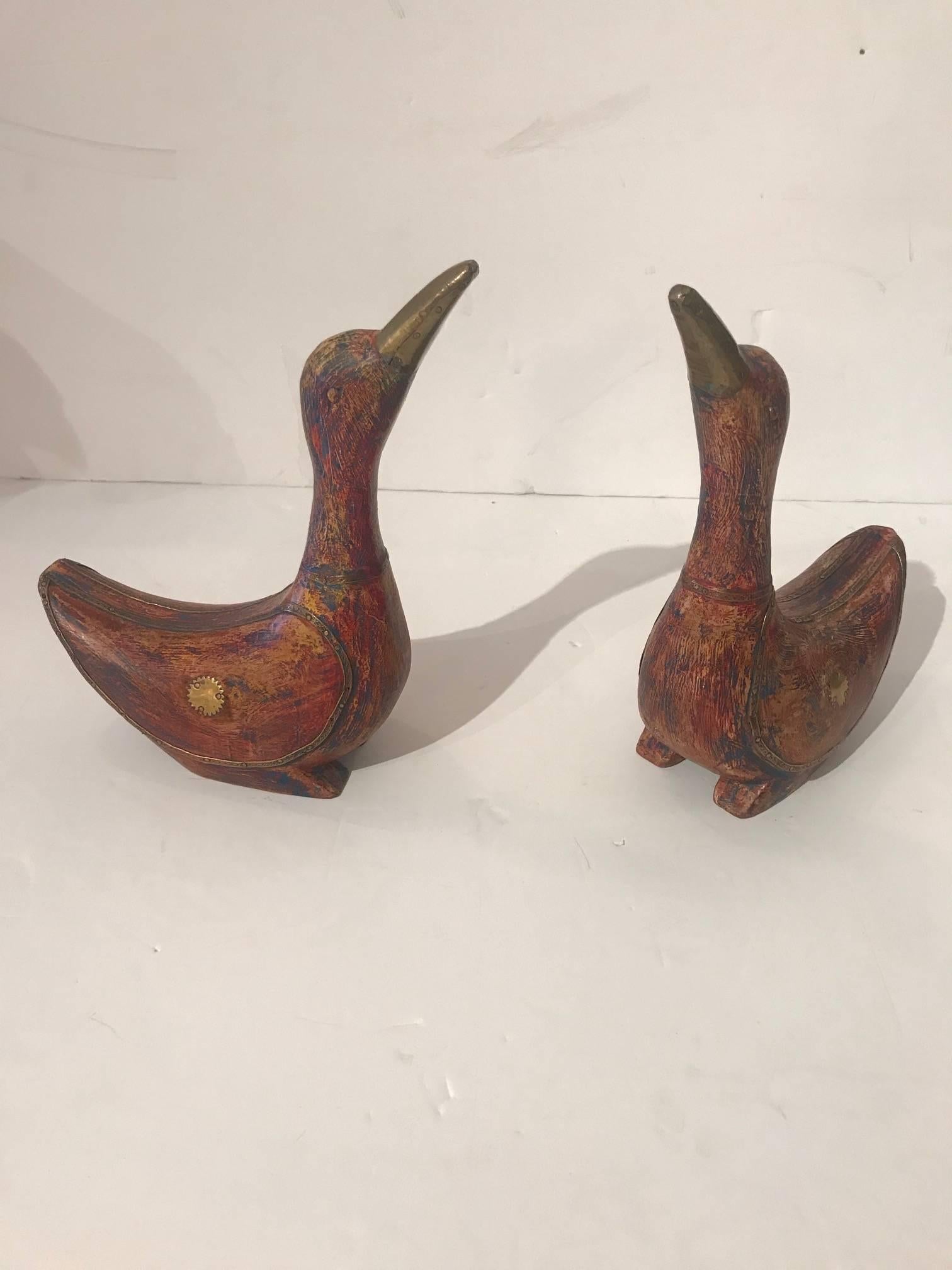 Pair of Whimsical Distressed Painted Wooden Ducks by Maitland Smith 3
