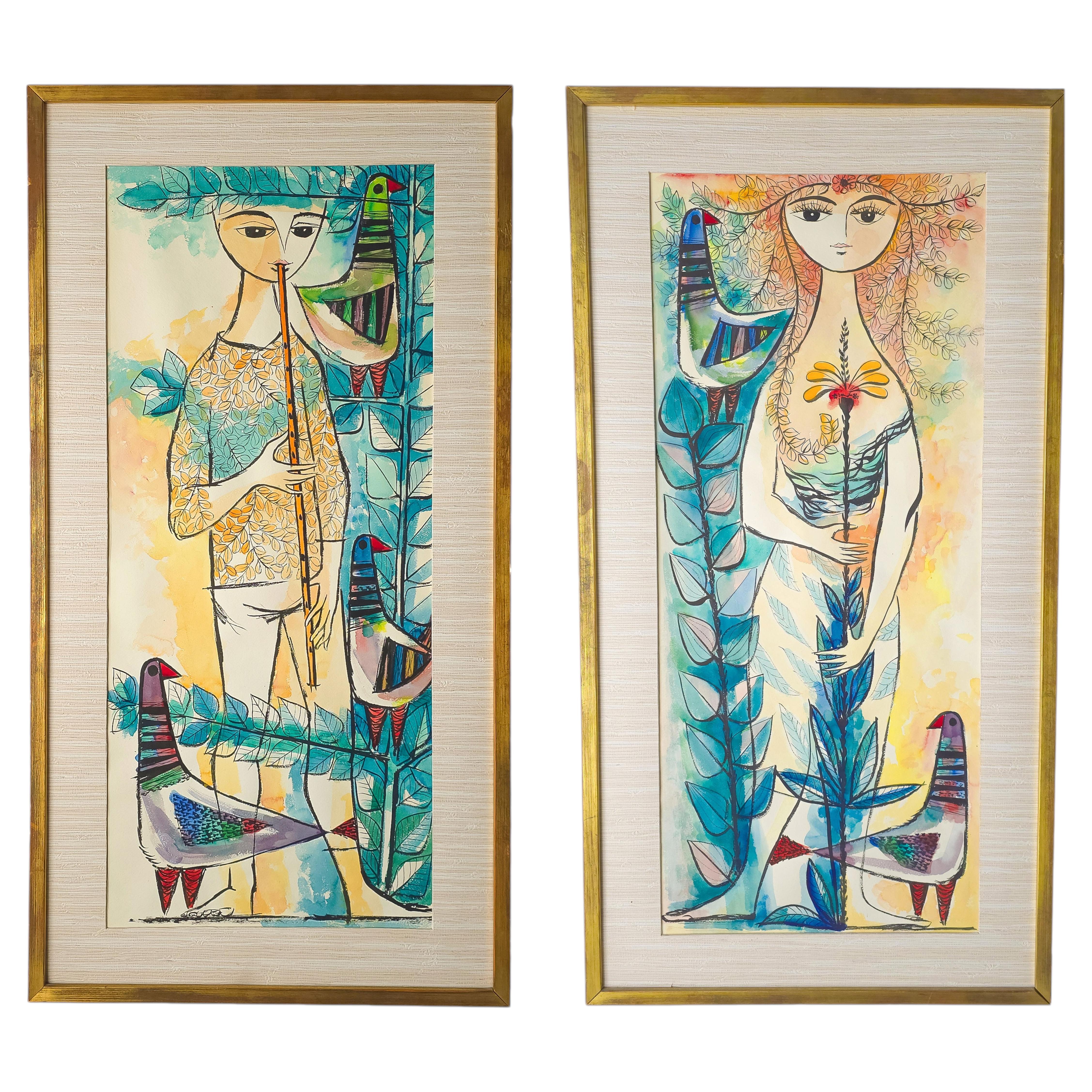 Pair of Whimsical European Mid Century Watercolor Paintings