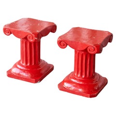 Pair of Whimsical Hand Carved Column Side Tables or Stools in Red Lacquered Wood