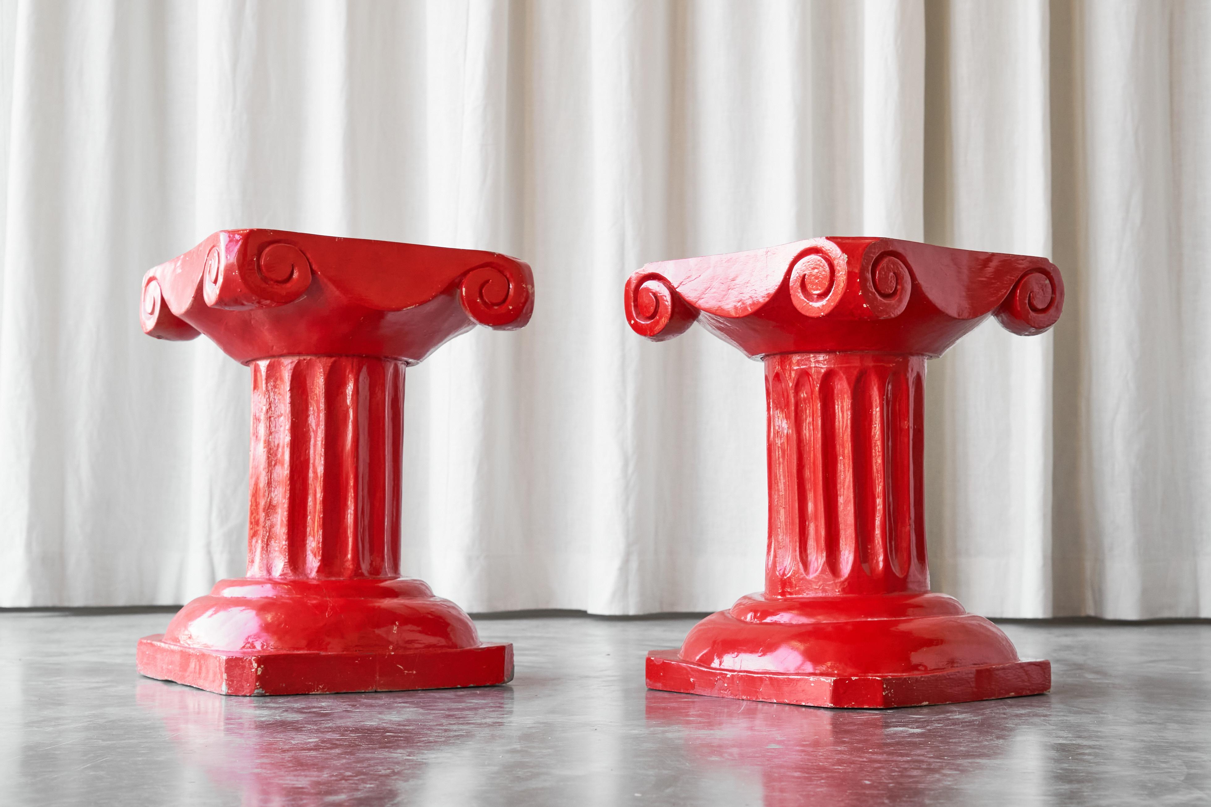 Pair of Whimsical Hand Carved Column Stools or Side Tables in Red Lacquered Wood For Sale 3