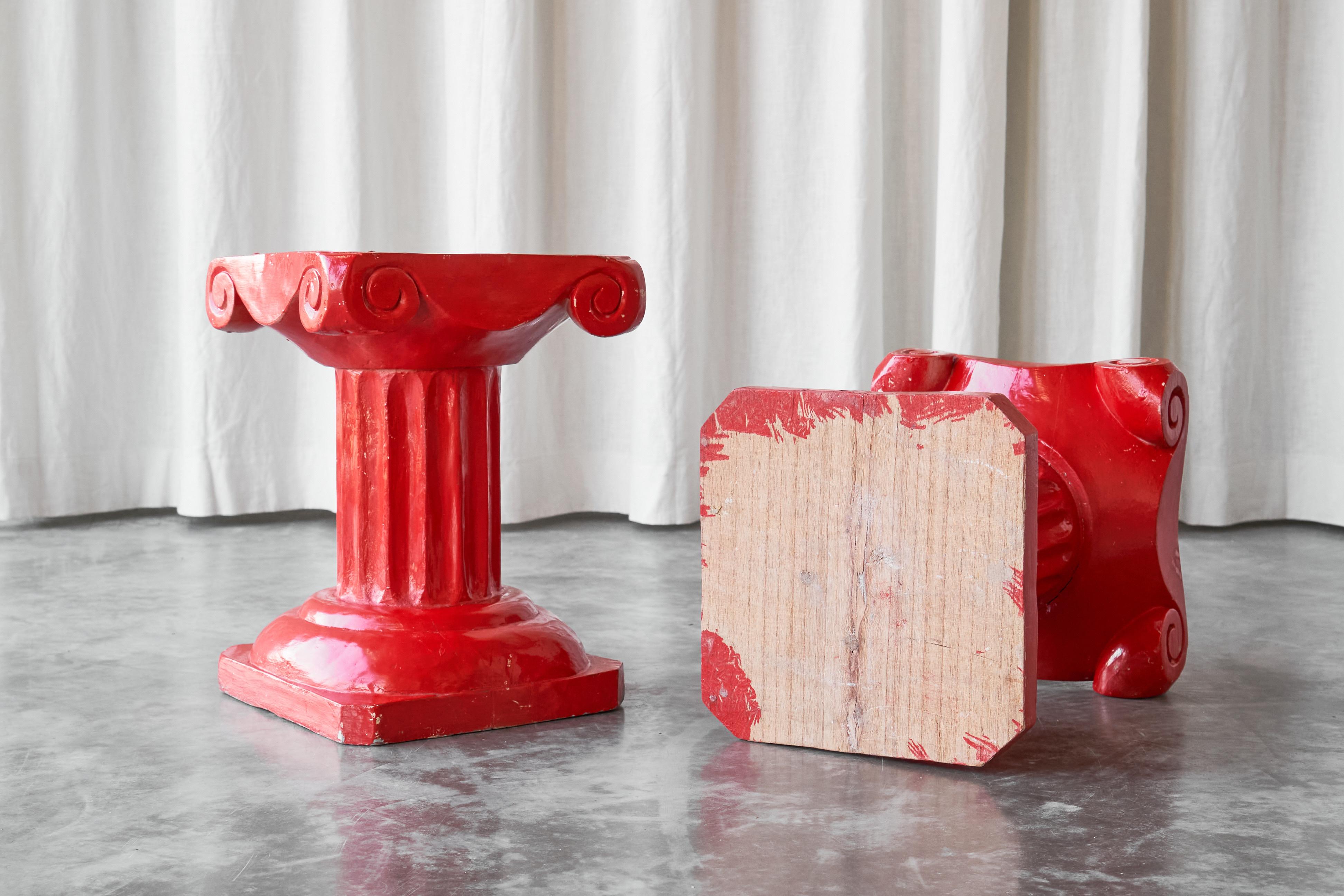 Pair of Whimsical Hand Carved Column Stools or Side Tables in Red Lacquered Wood For Sale 4