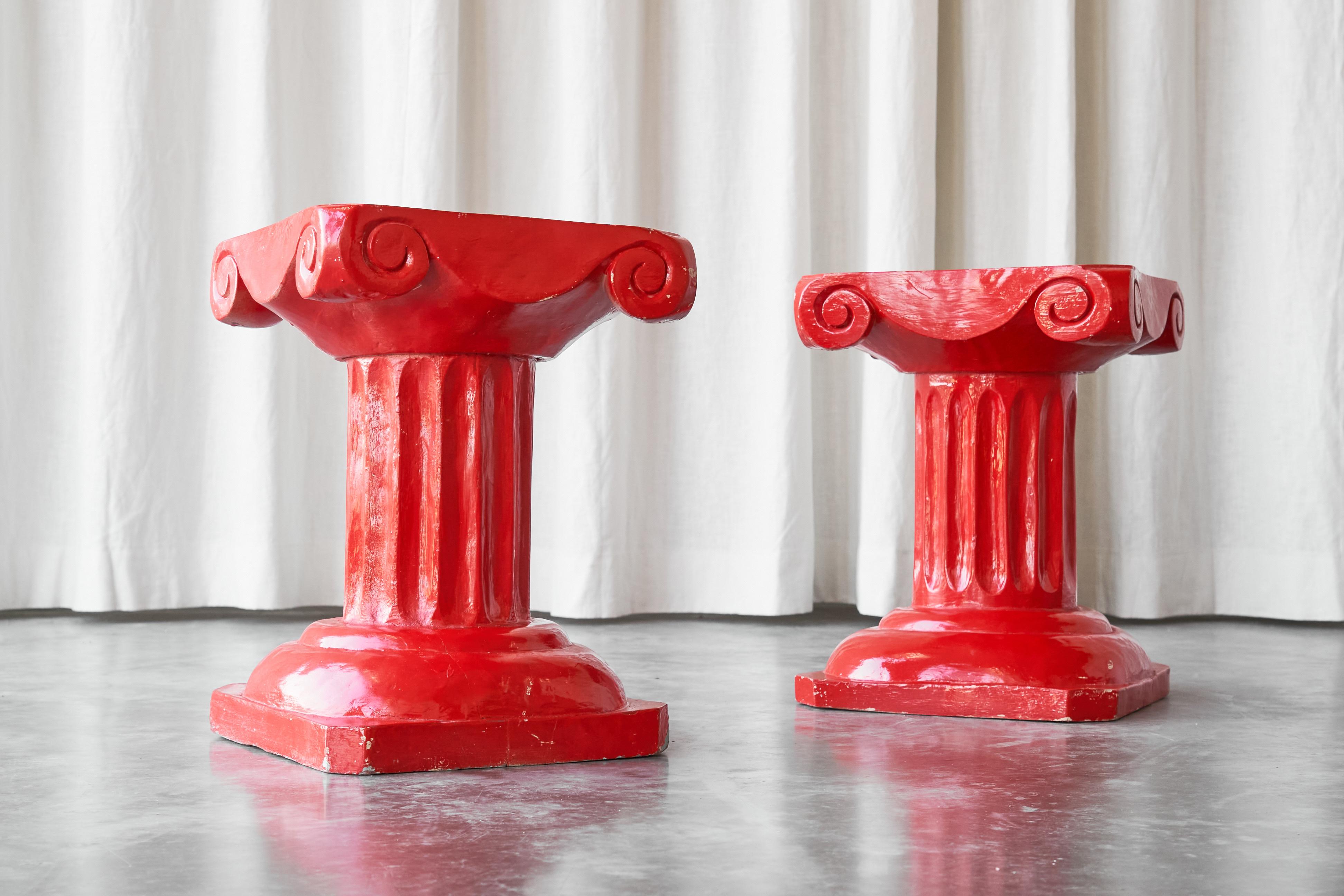 Classical Greek Pair of Whimsical Hand Carved Column Stools or Side Tables in Red Lacquered Wood For Sale