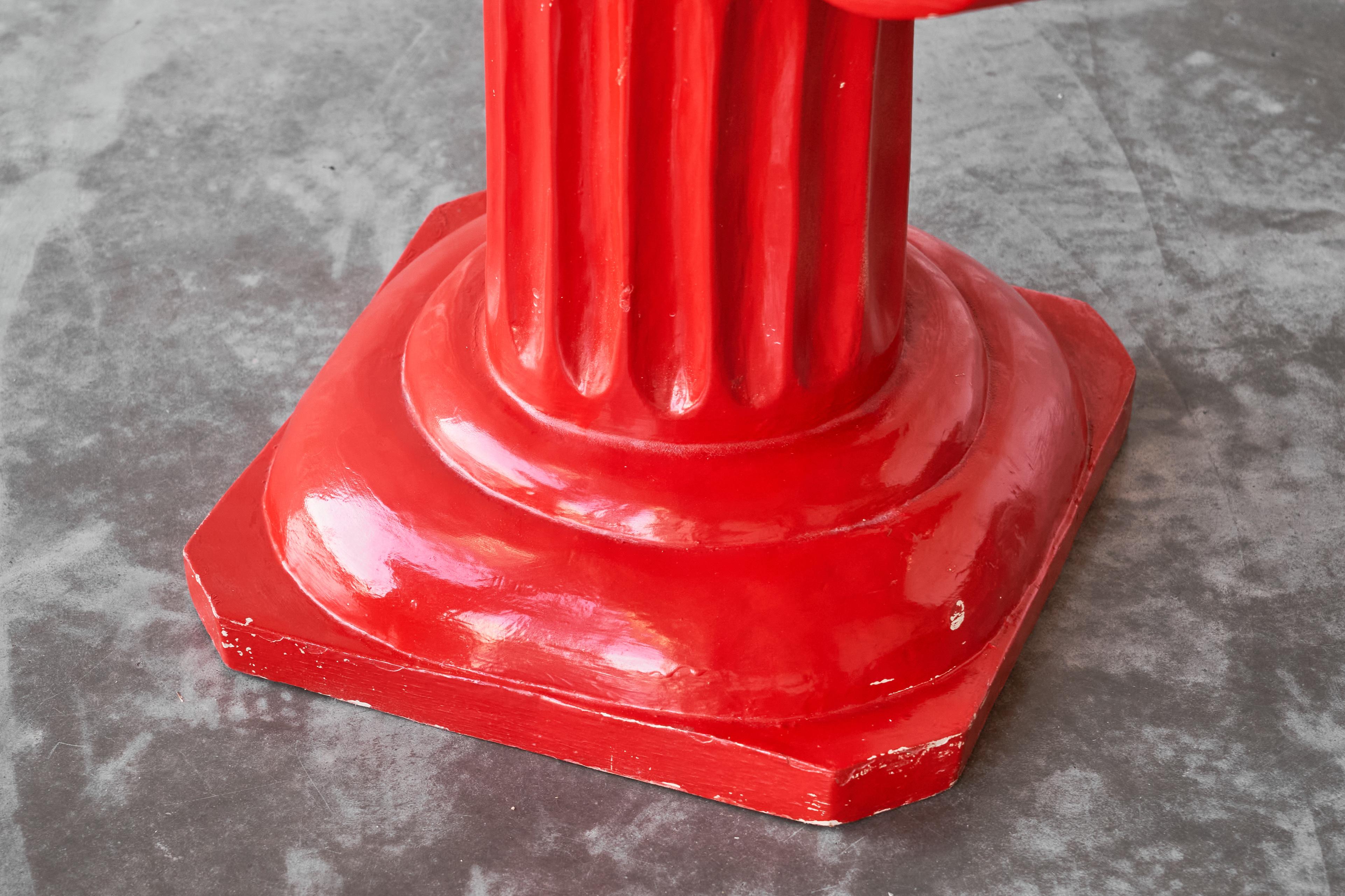European Pair of Whimsical Hand Carved Column Stools or Side Tables in Red Lacquered Wood For Sale