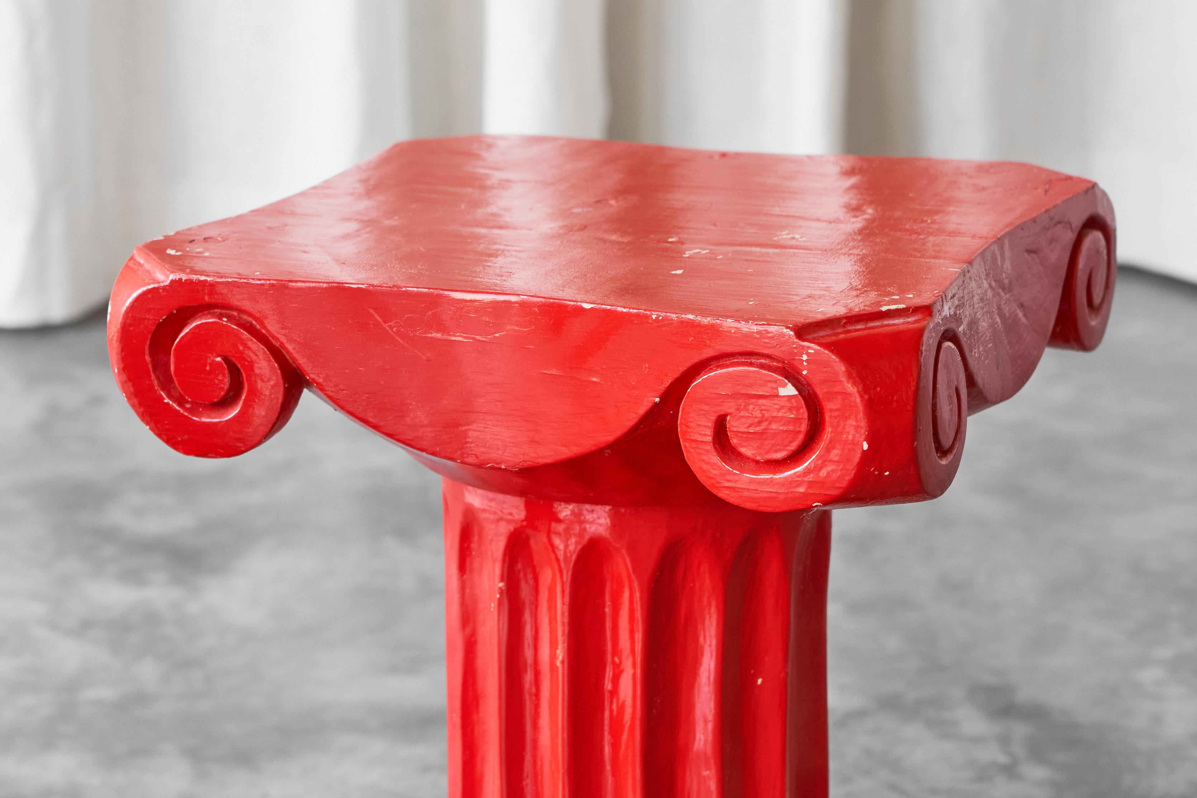Hand-Crafted Pair of Whimsical Hand Carved Column Stools or Side Tables in Red Lacquered Wood For Sale