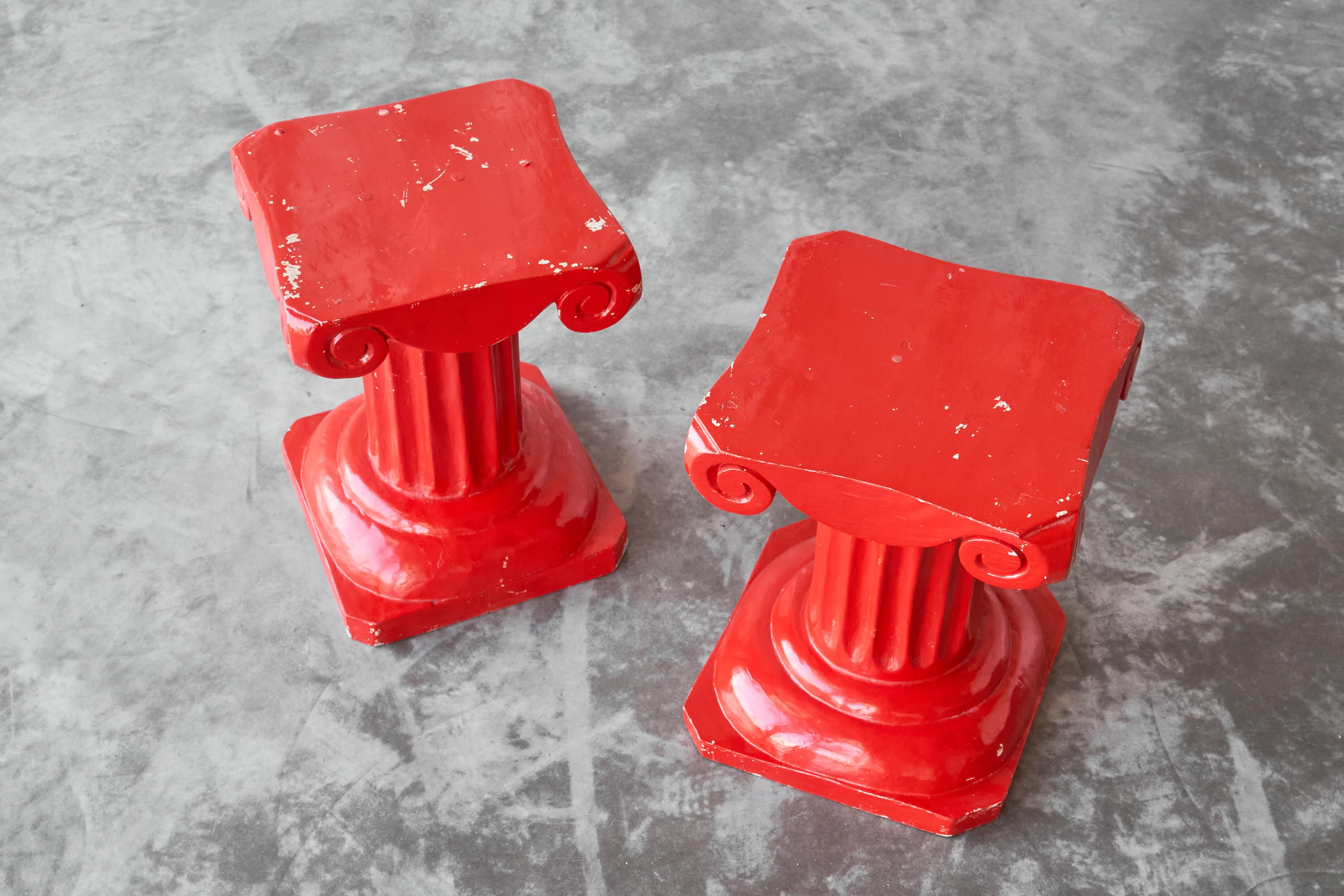 Pair of Whimsical Hand Carved Column Stools or Side Tables in Red Lacquered Wood For Sale 1