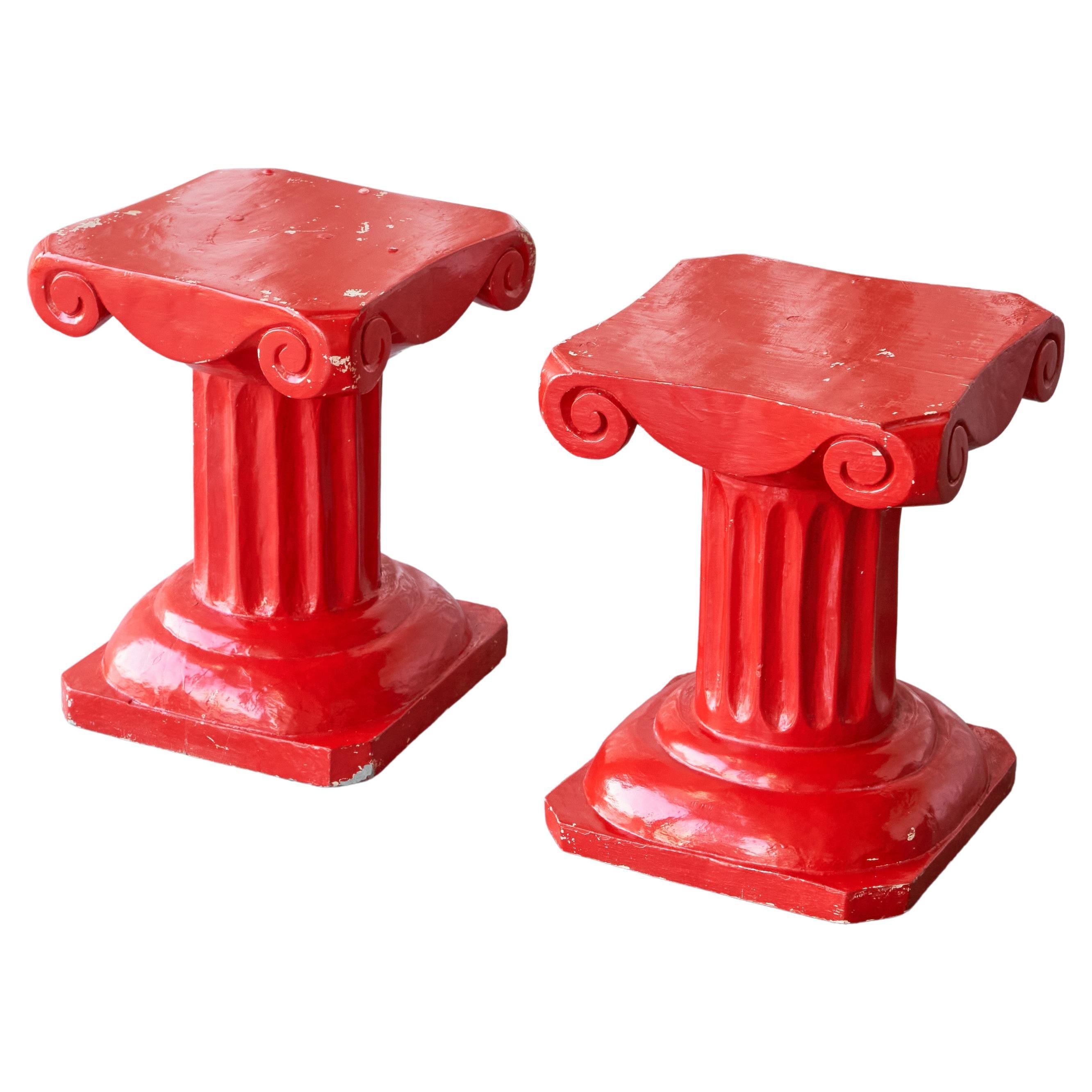 Pair of Whimsical Hand Carved Column Stools or Side Tables in Red Lacquered Wood For Sale