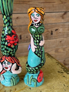 Pair of Whimsical Hand-Painted Ceramic Mermaid Candlestick Holders