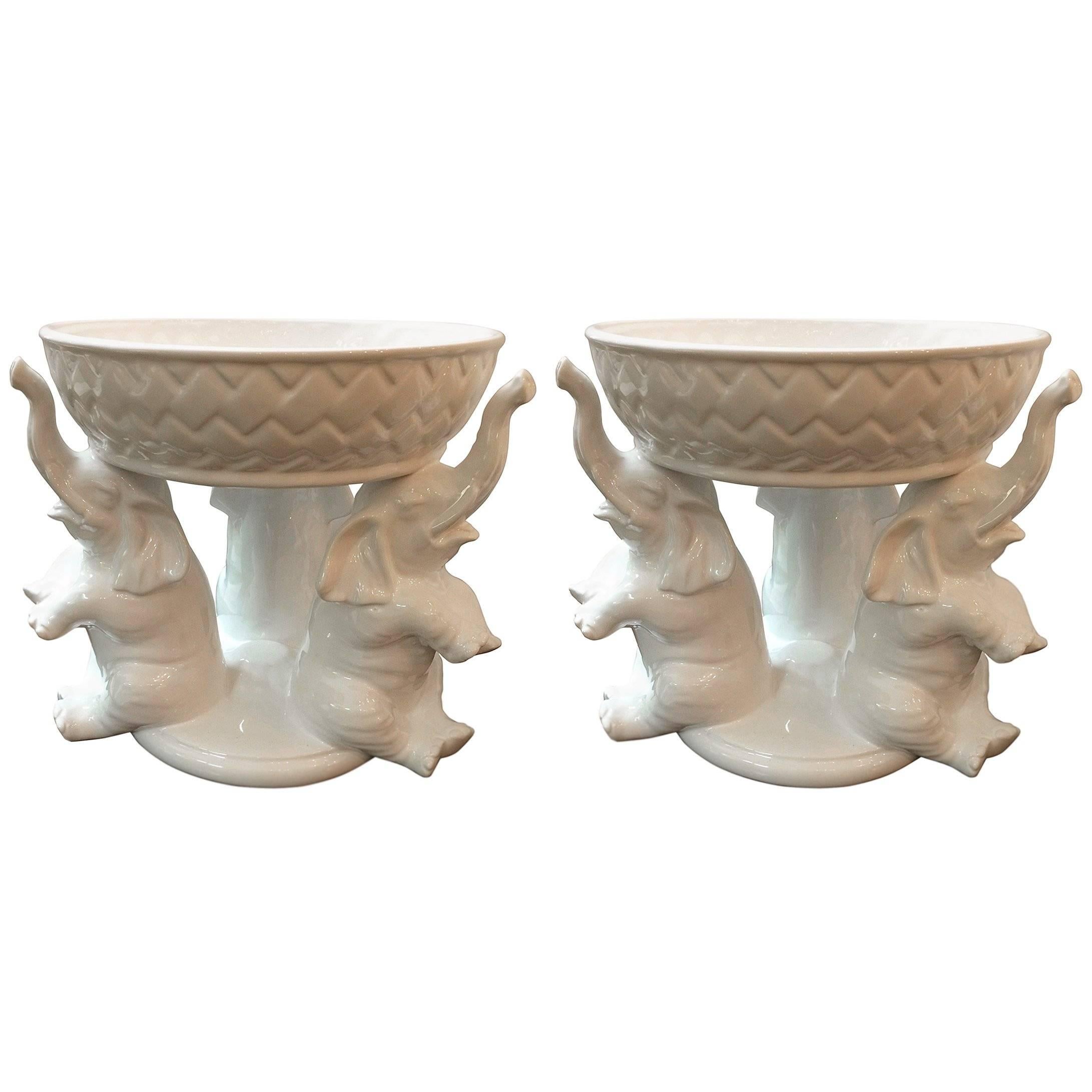 Pair of Whimsical Italian White Ceramic Pottery Centrepieces Bowls