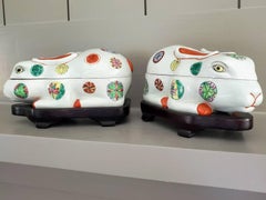 Pair of Whimsical Japanese Porcelain Rabbit Kogo Incense Boxes