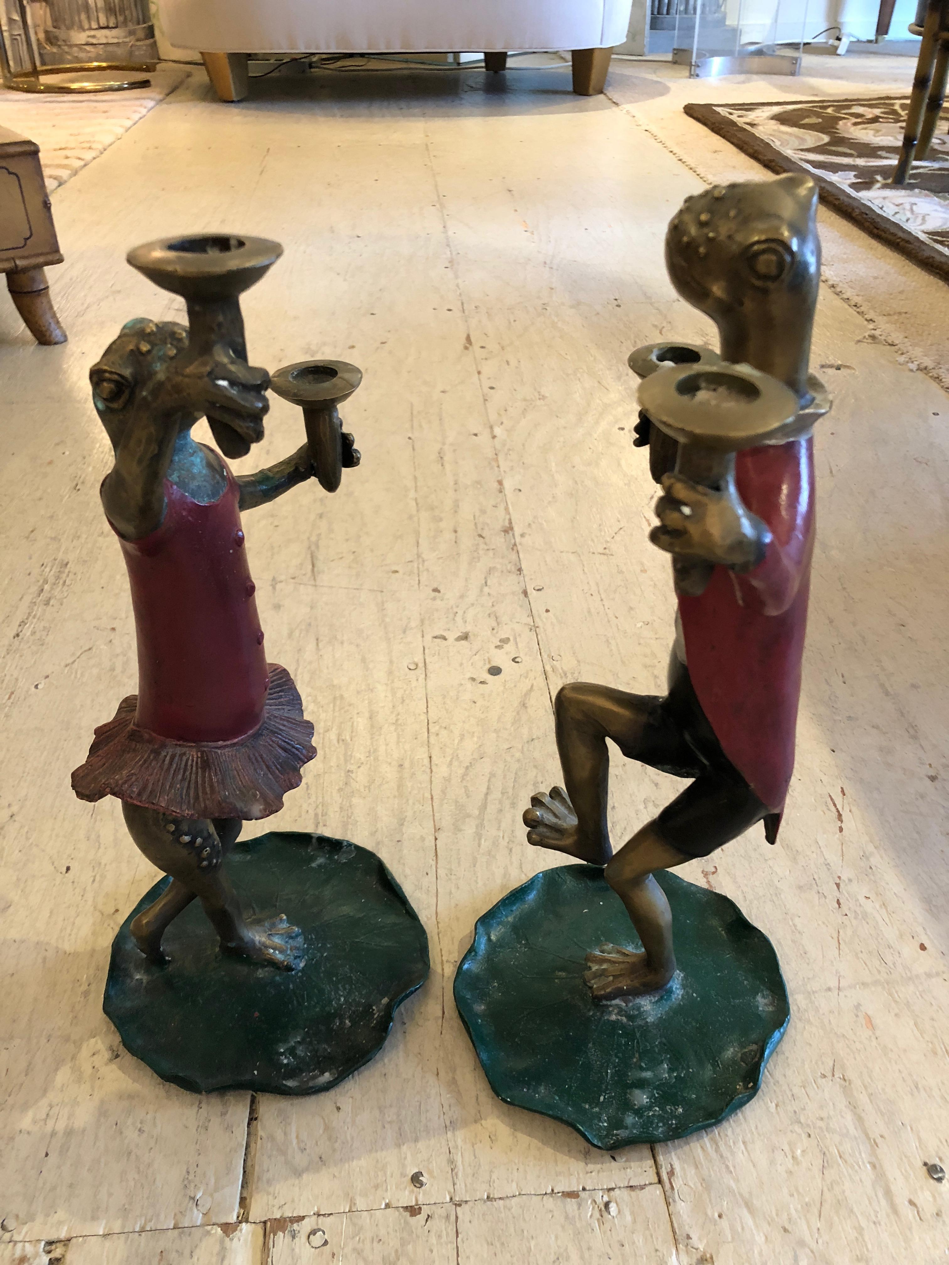 Pair of Whimsical Painted Bronze Dancing Frog Candlesticks For Sale 1