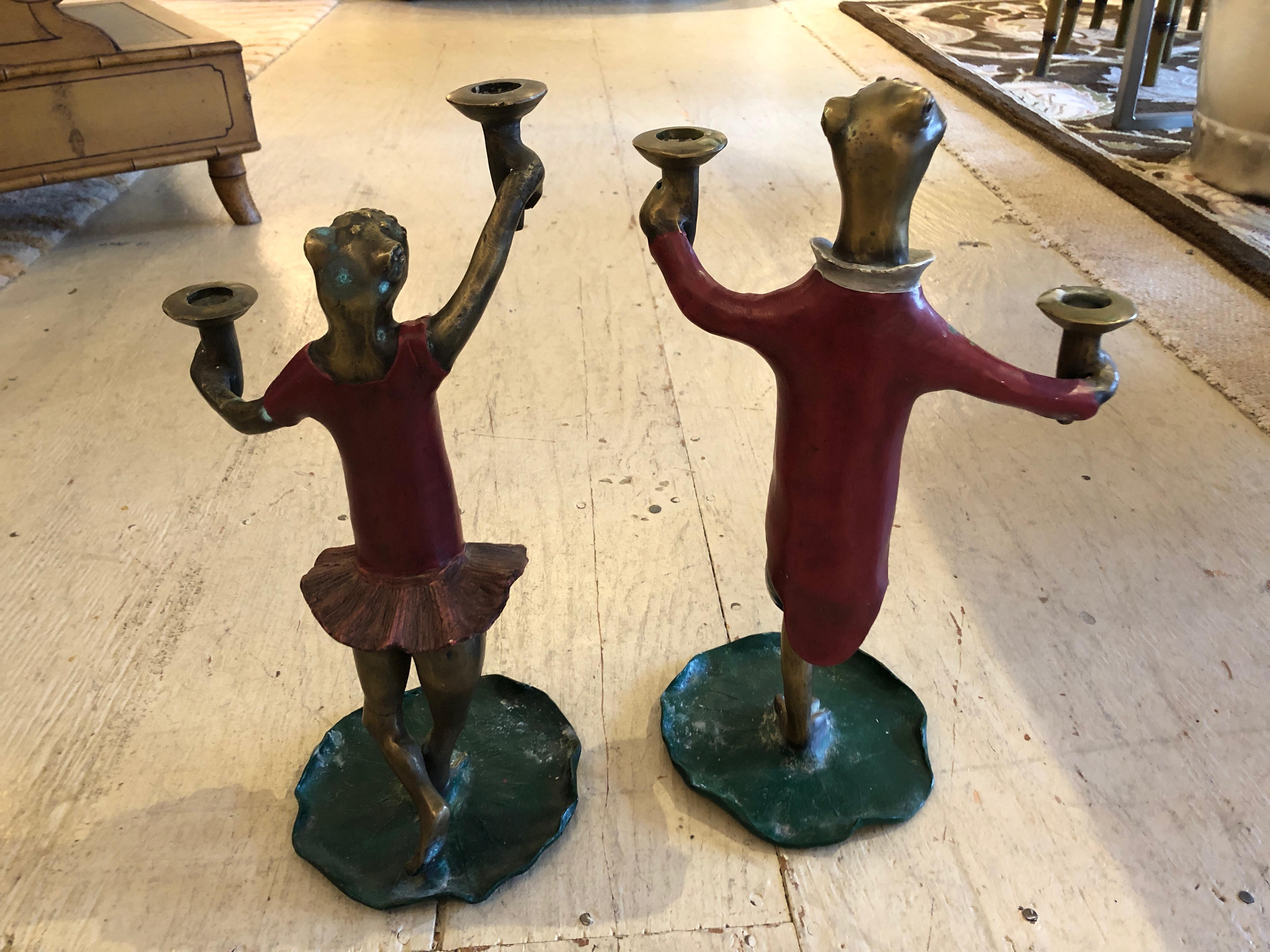 Pair of Whimsical Painted Bronze Dancing Frog Candlesticks For Sale 2