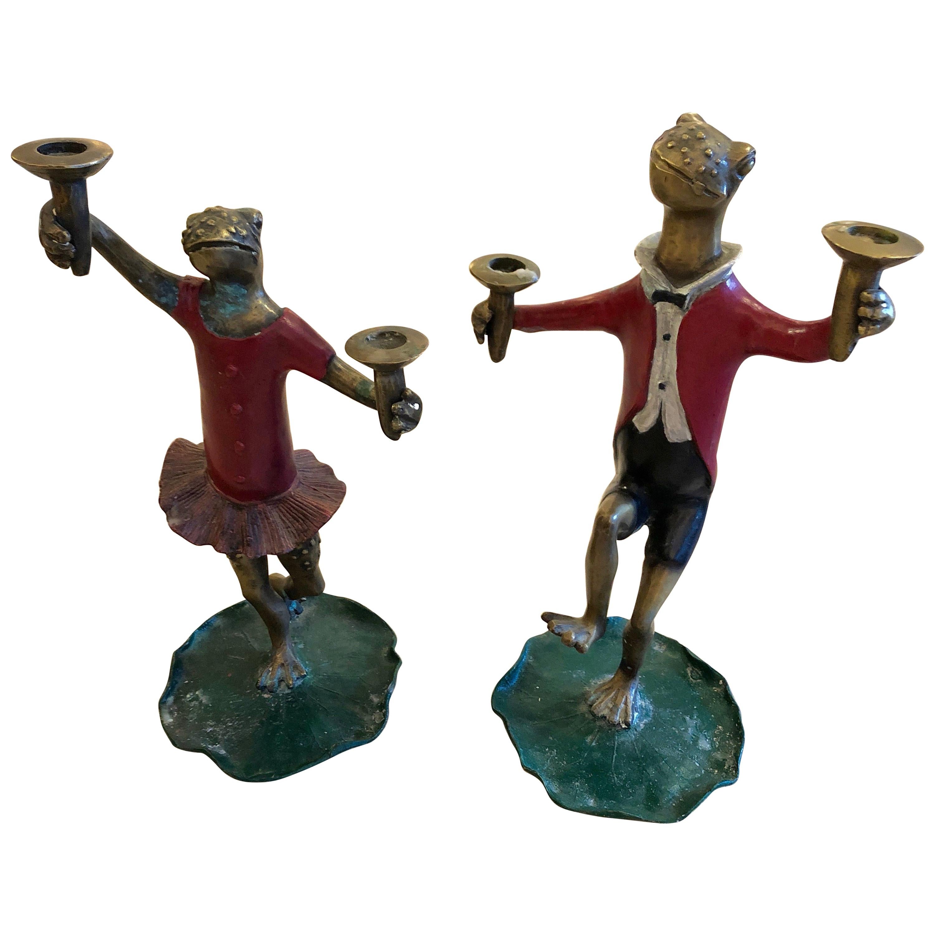 Pair of Whimsical Painted Bronze Dancing Frog Candlesticks