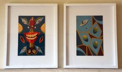 Pair of Whimsical Surrealist Oil on Panel Paintings in Shadow Boxes