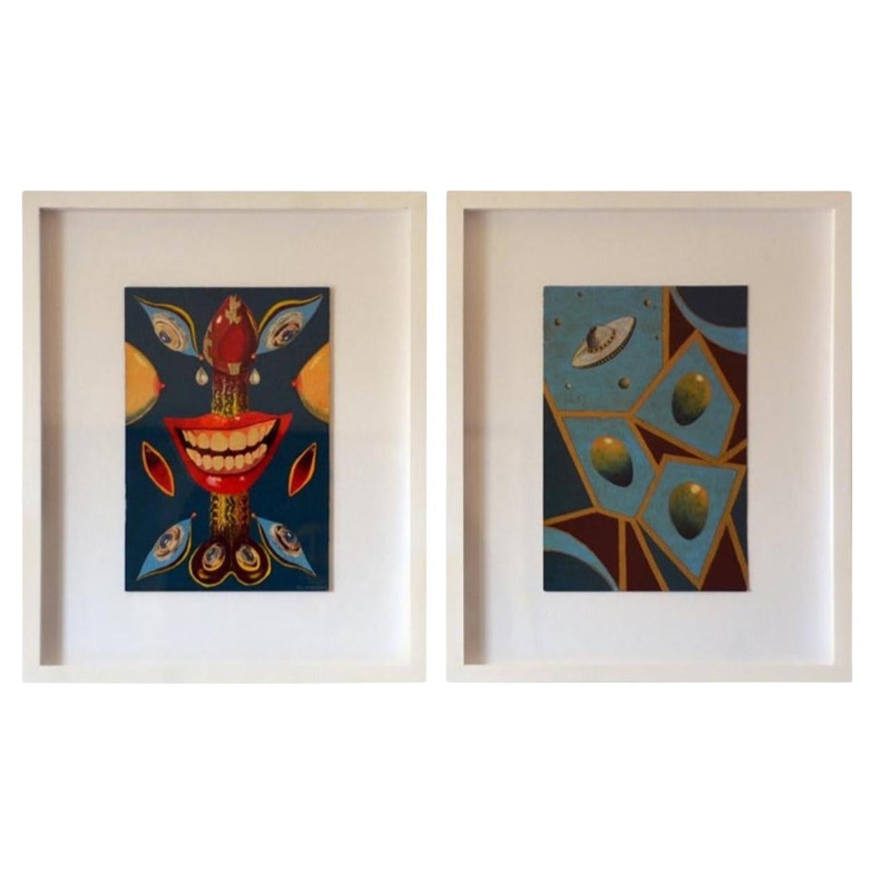 Pareja de caprichosos cuadros surrealistas al óleo sobre tabla en cajas de sombra