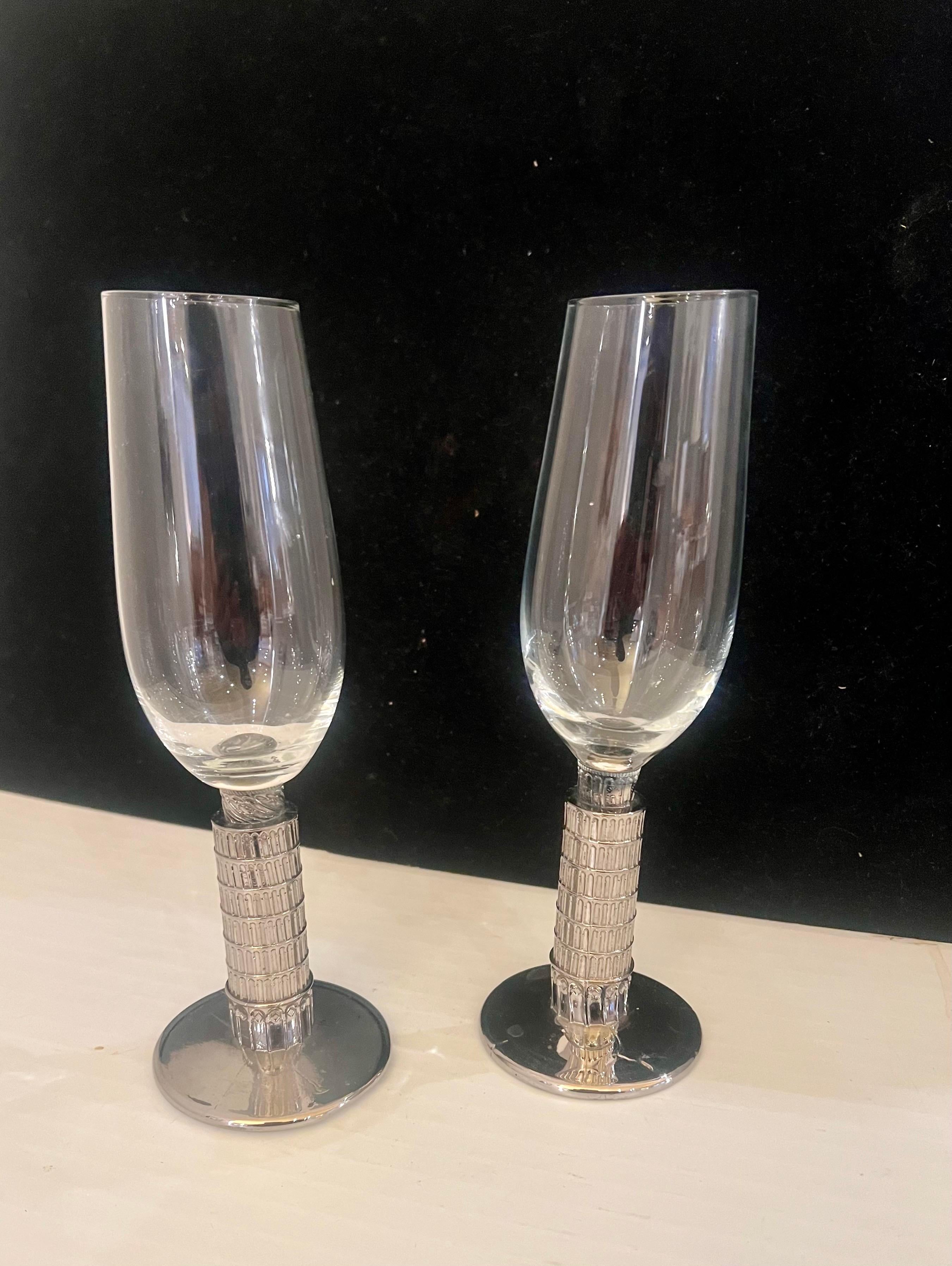 Post-Modern Pair of Whimsical tower of Pisa Wine Glasses For Sale