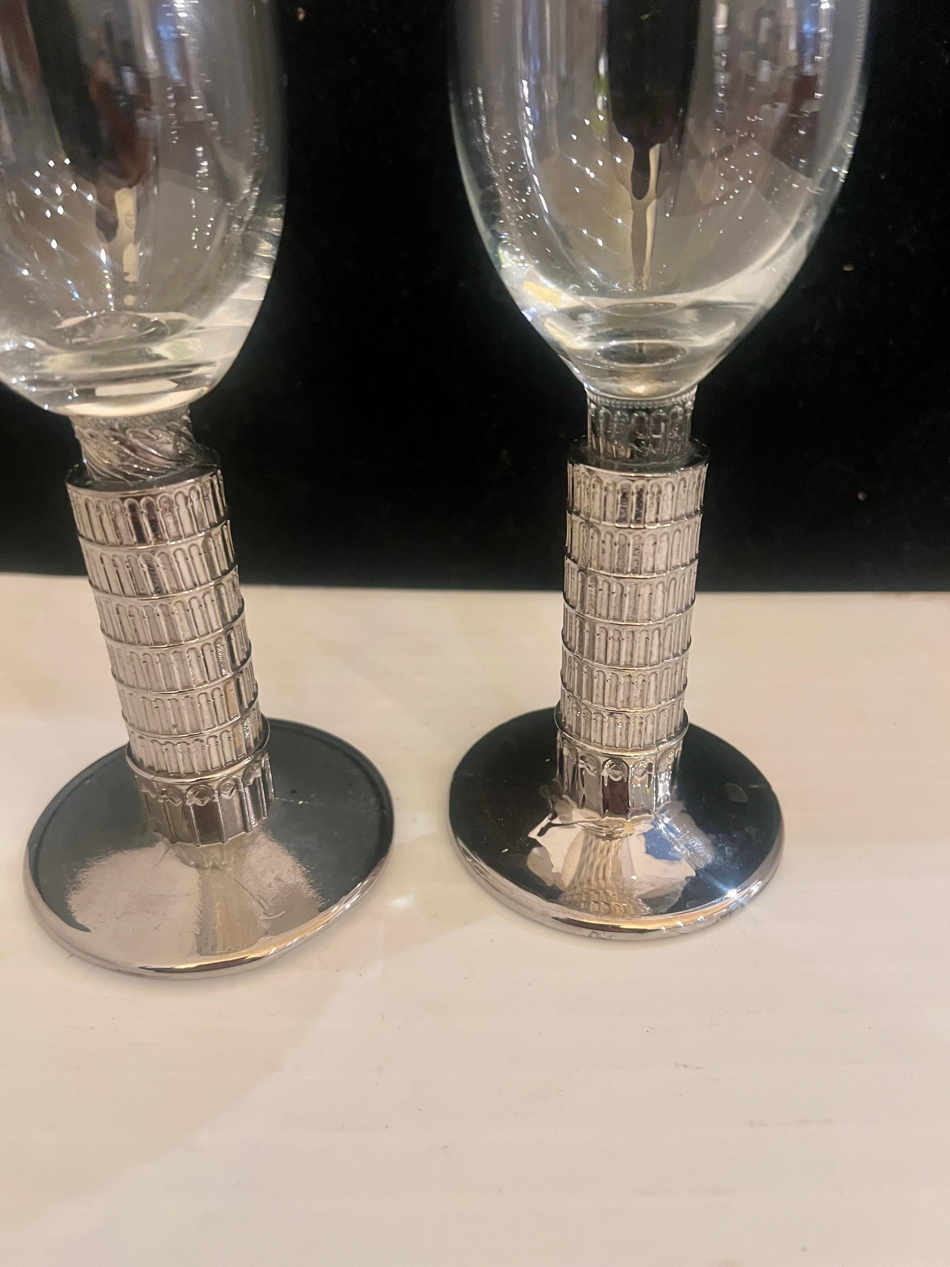 Italian Pair of Whimsical tower of Pisa Wine Glasses For Sale