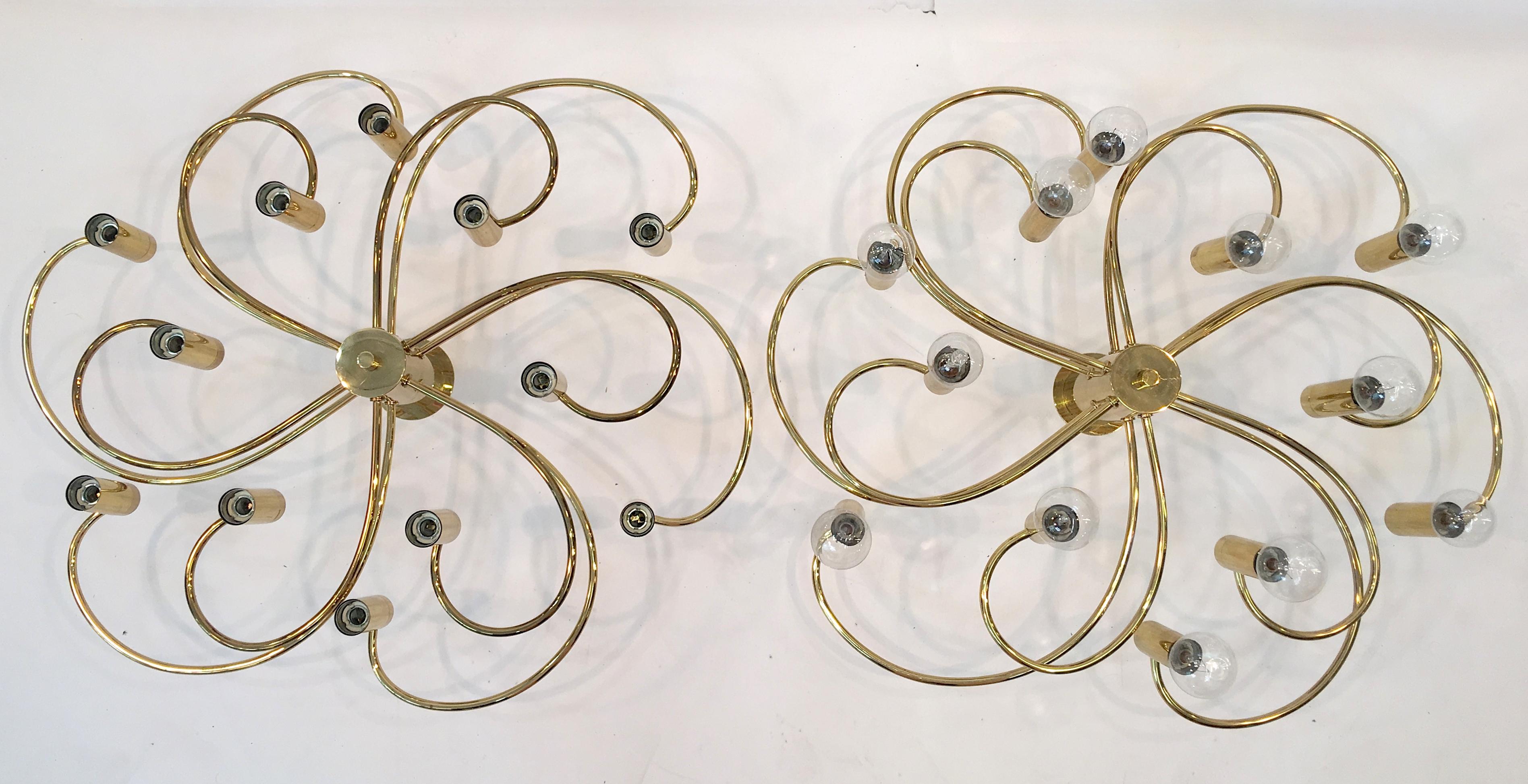 Pair of Whimsical Twelve-Light Brass Flush Mounts For Sale 10