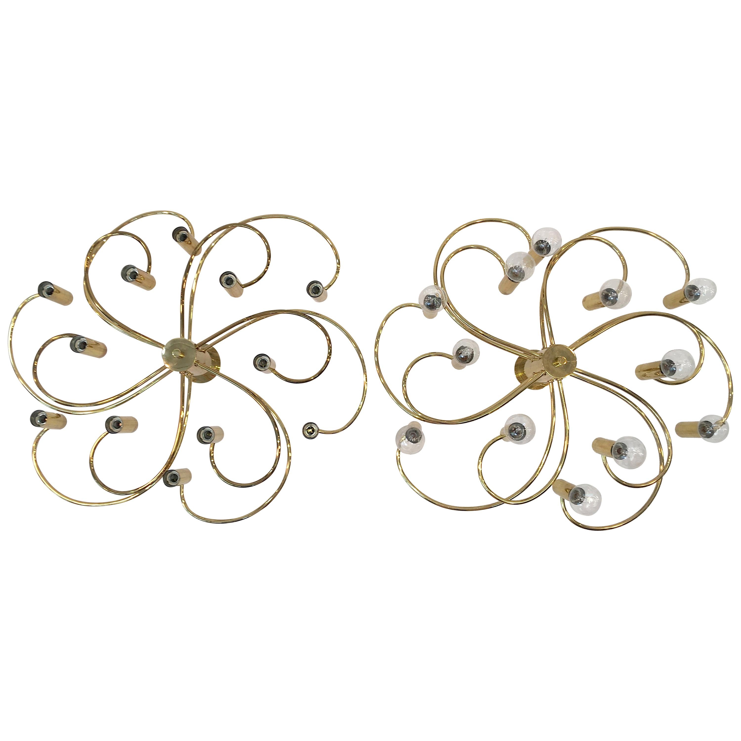 Pair of Whimsical Twelve-Light Brass Flush Mounts