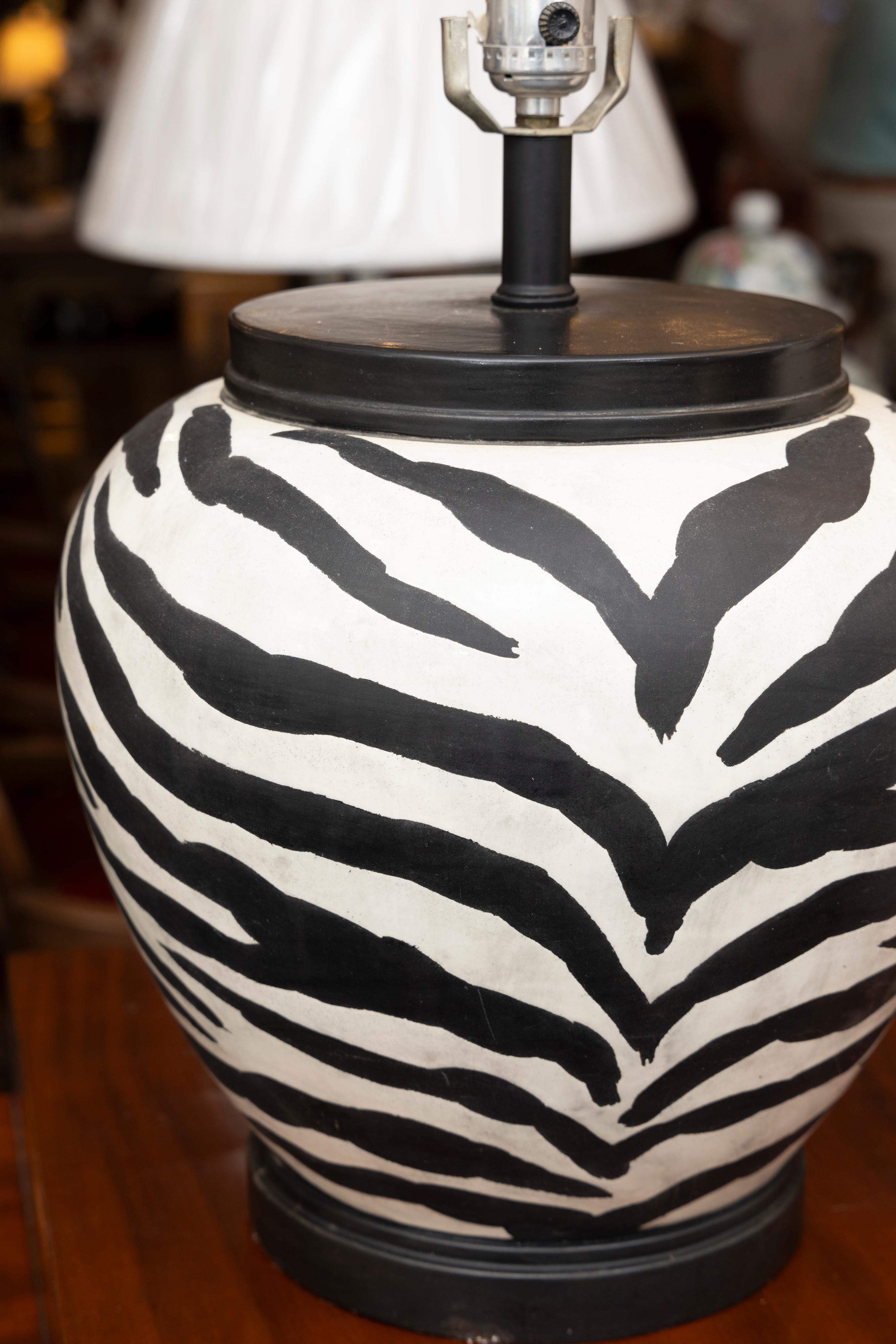 American Pair of Whimsical Zebra Print Ceramic Melon Lamps For Sale