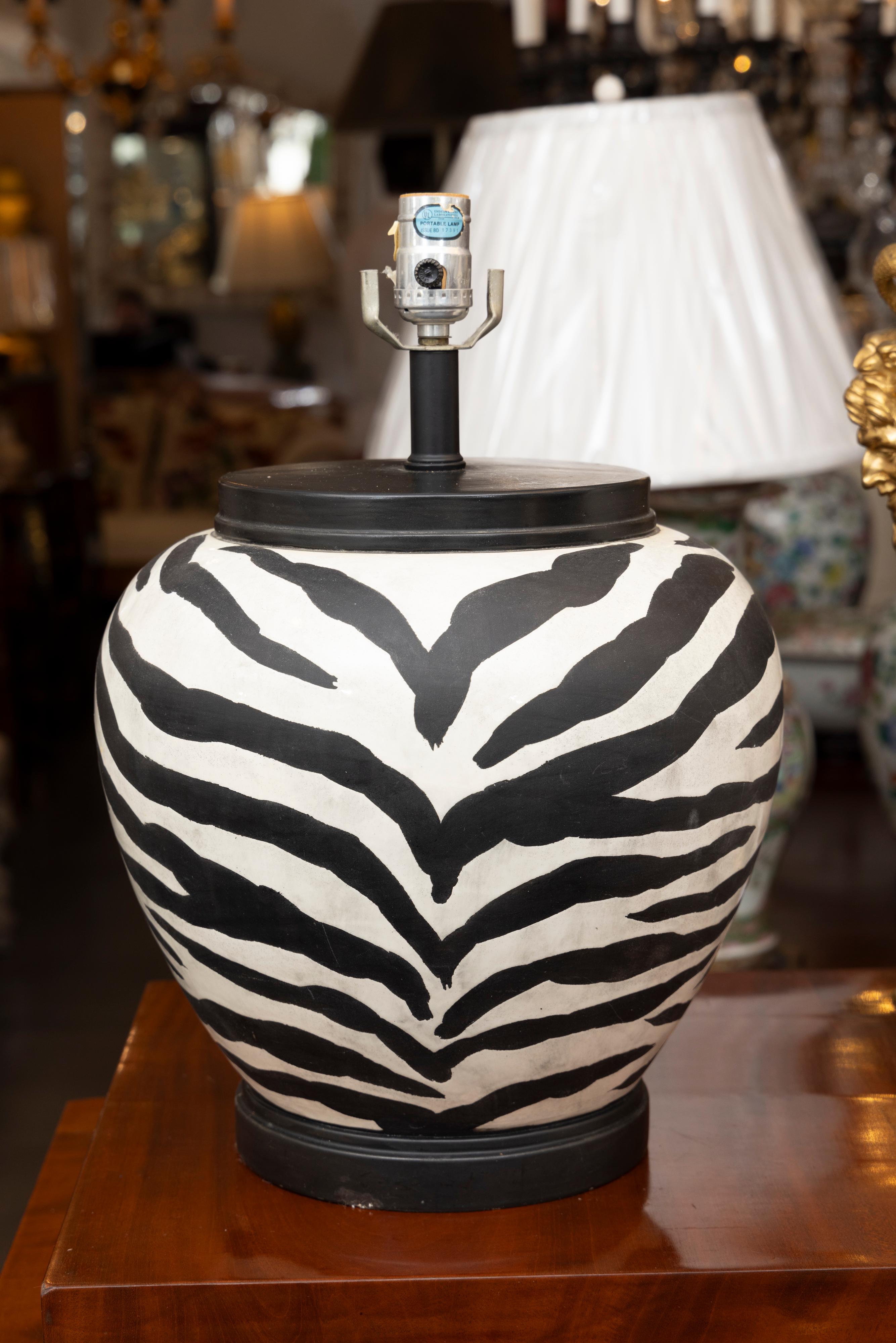 Hand-Painted Pair of Whimsical Zebra Print Ceramic Melon Lamps For Sale