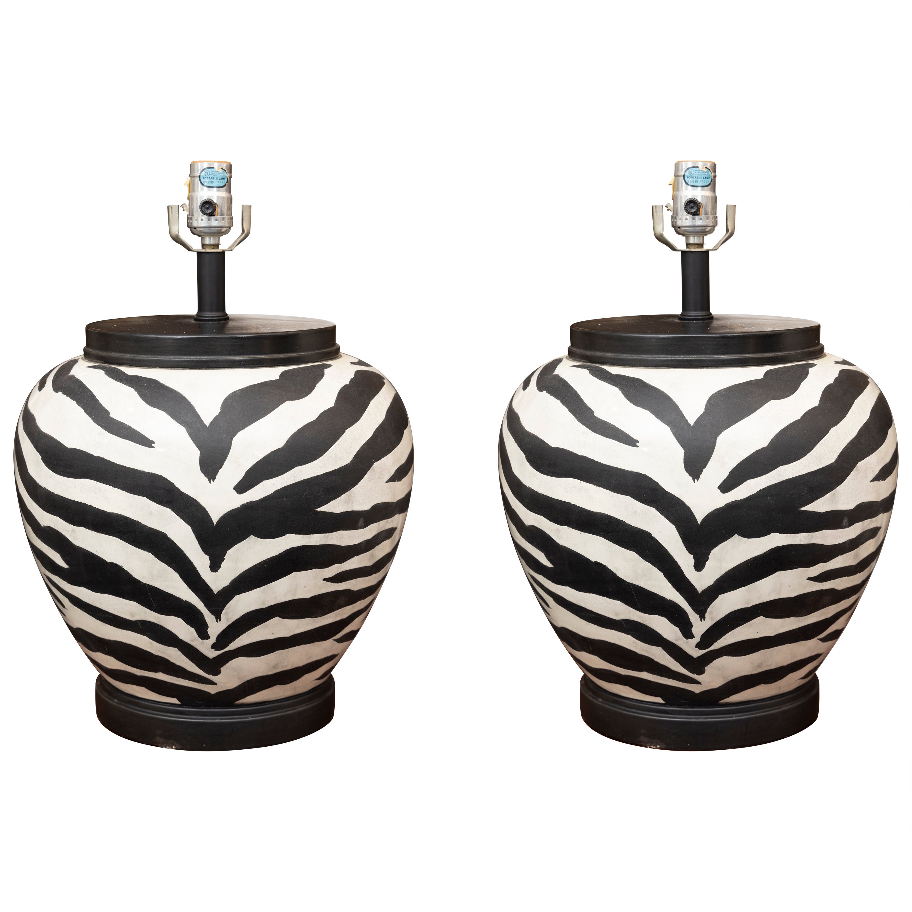 Pair of Whimsical Zebra Print Ceramic Melon Lamps