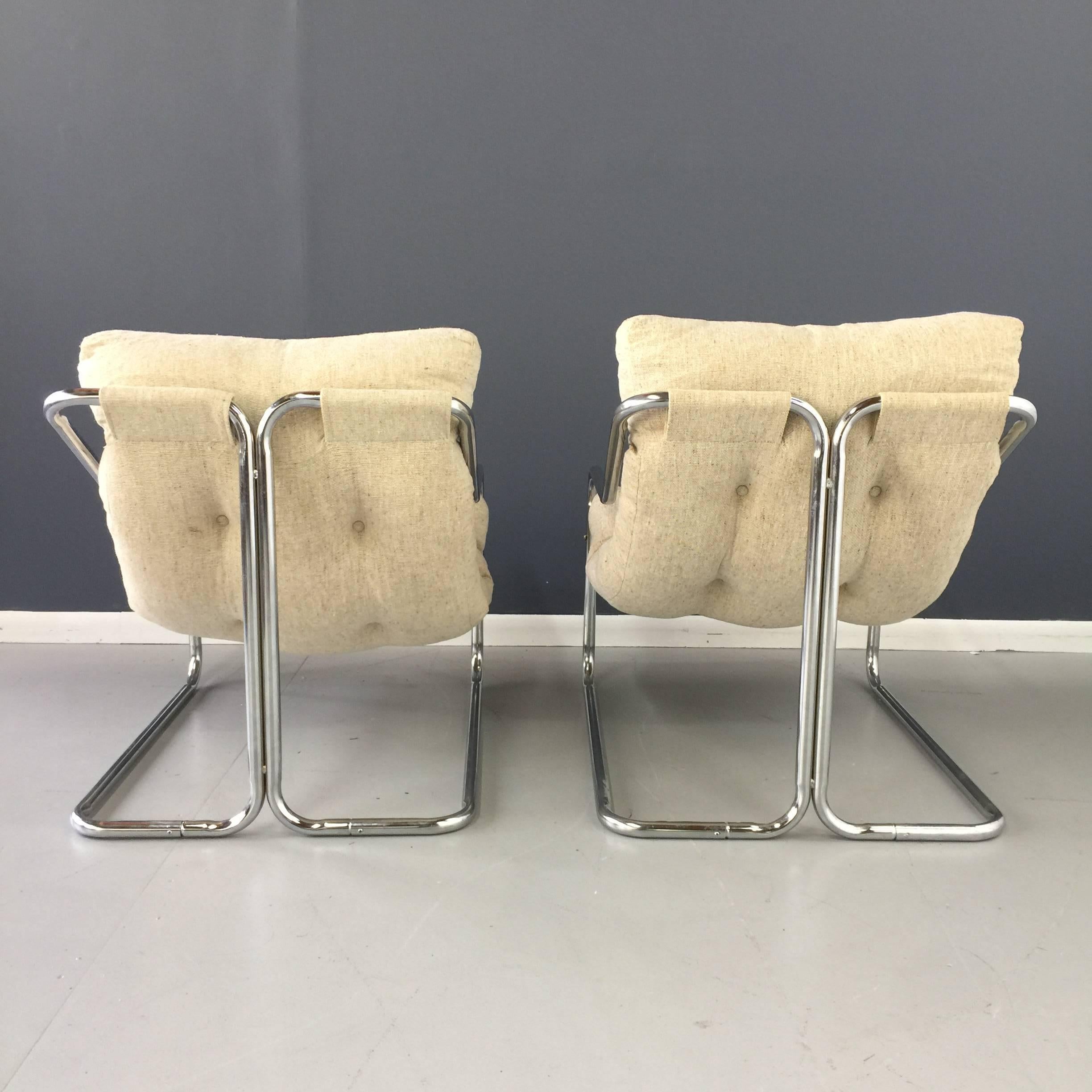 Space Age Pair of White 1970s Chrome Sling Chairs