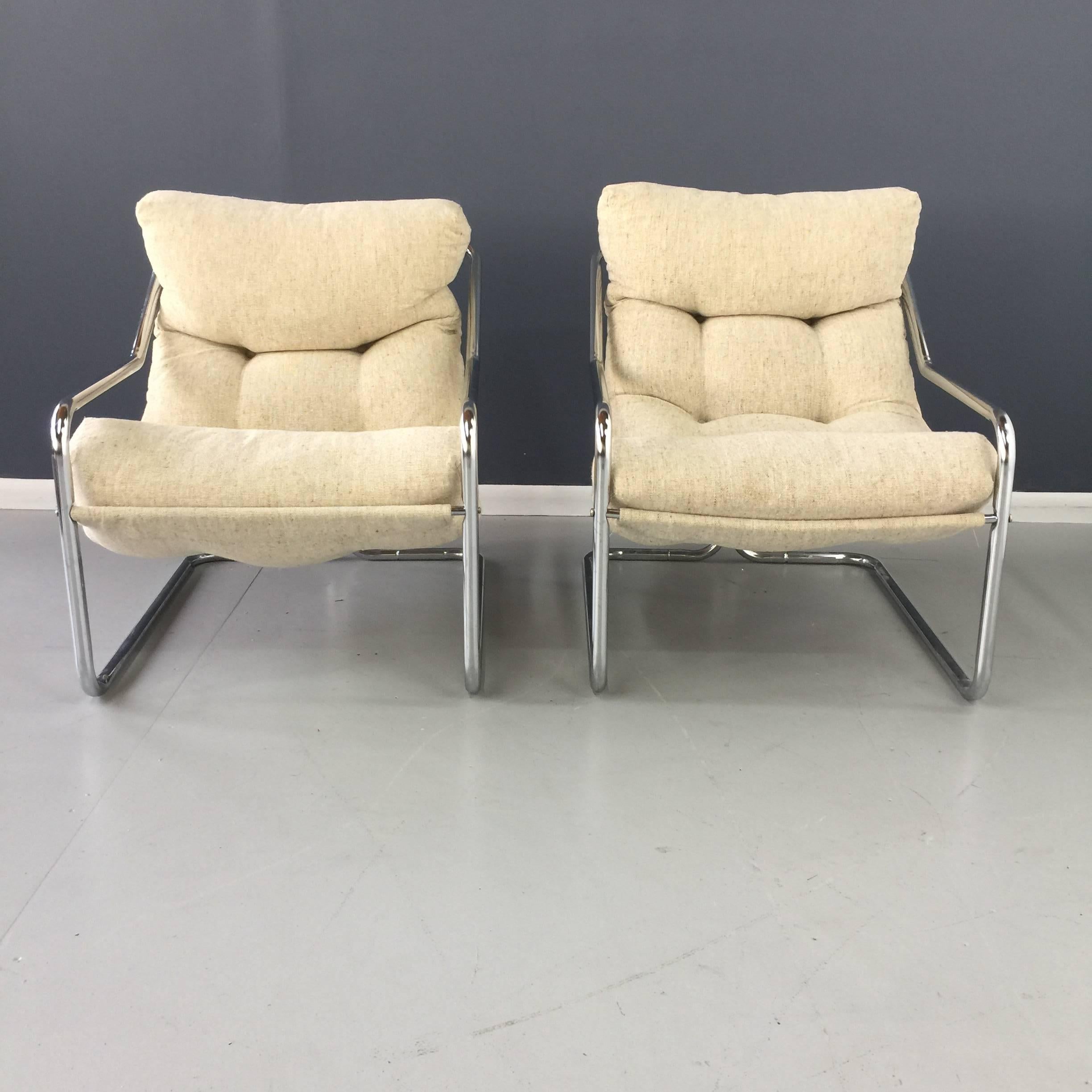 American Pair of White 1970s Chrome Sling Chairs