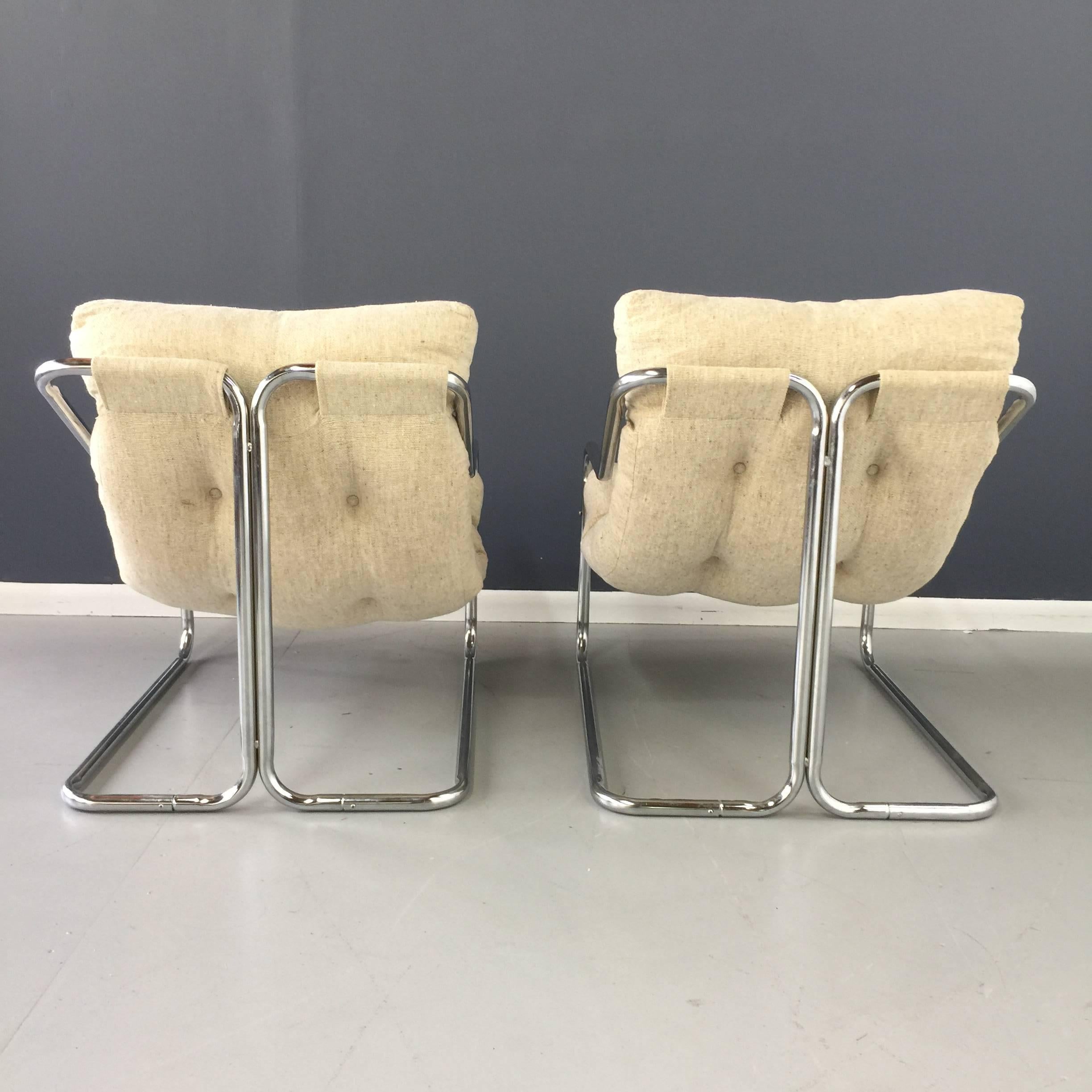 Pair of White 1970s Chrome Sling Chairs In Good Condition In Philadelphia, PA