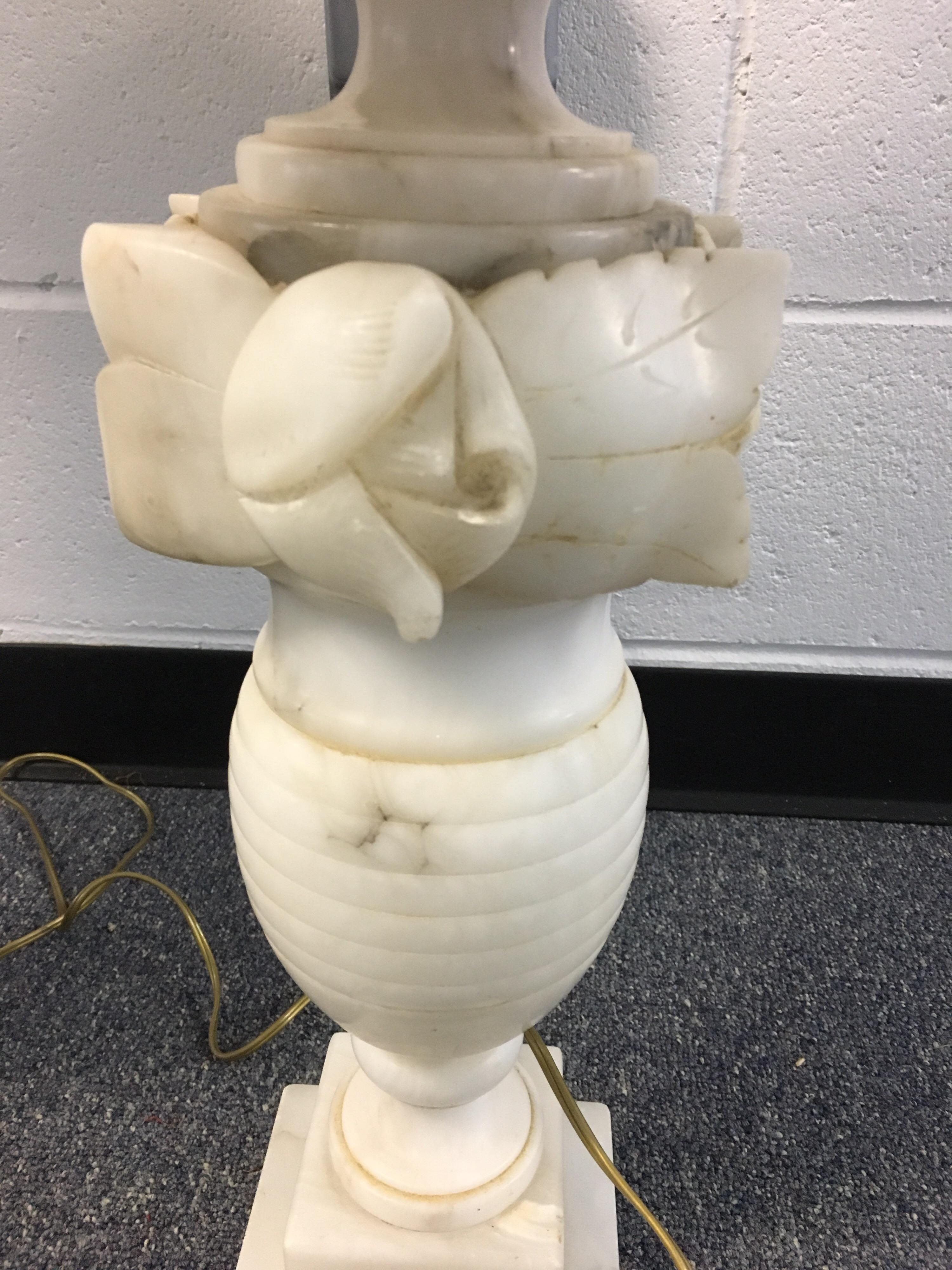 Pair of White Alabaster Carved Lamps with Custom Feather Shades 6