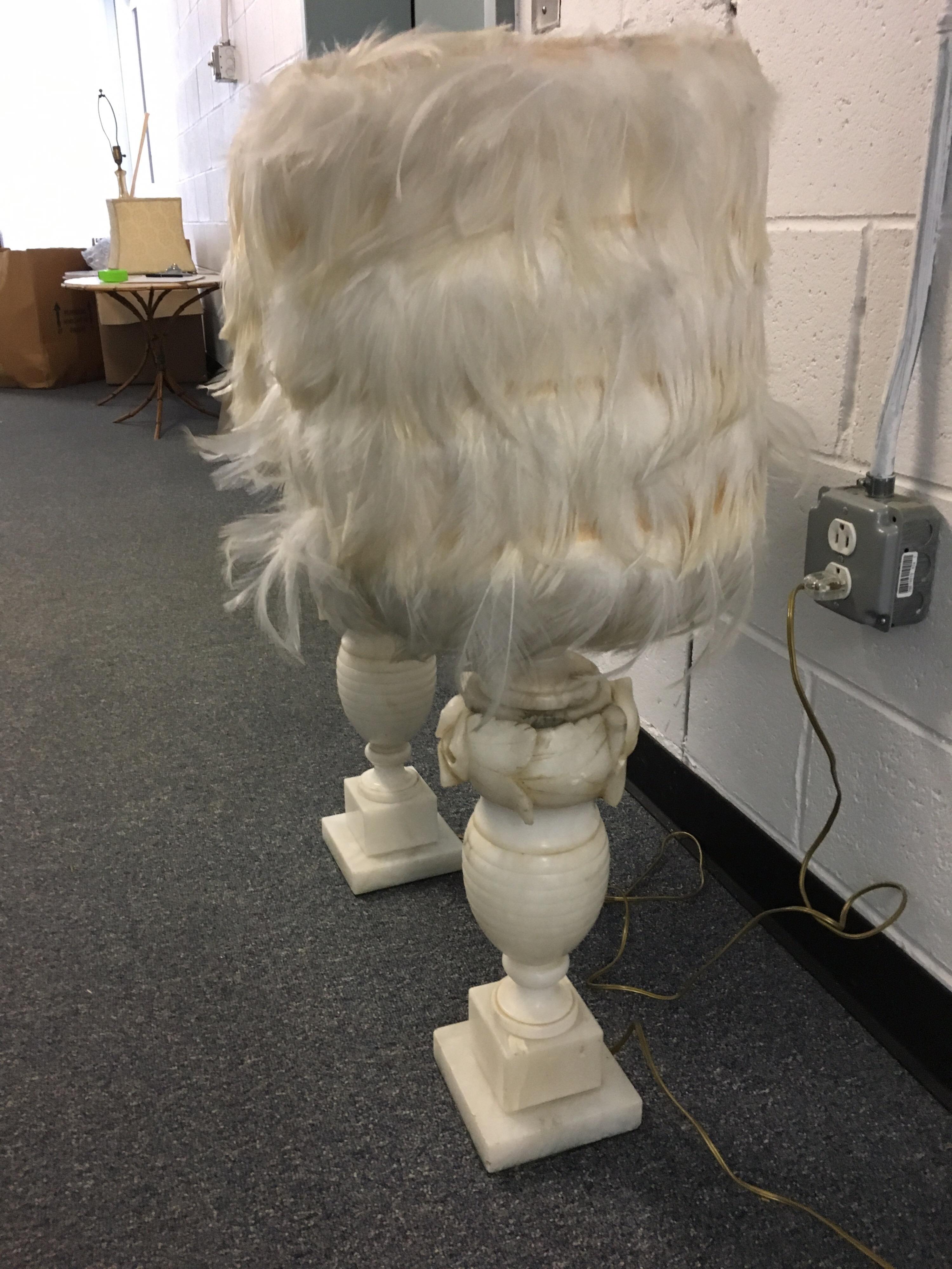 Pair of White Alabaster Carved Lamps with Custom Feather Shades 9