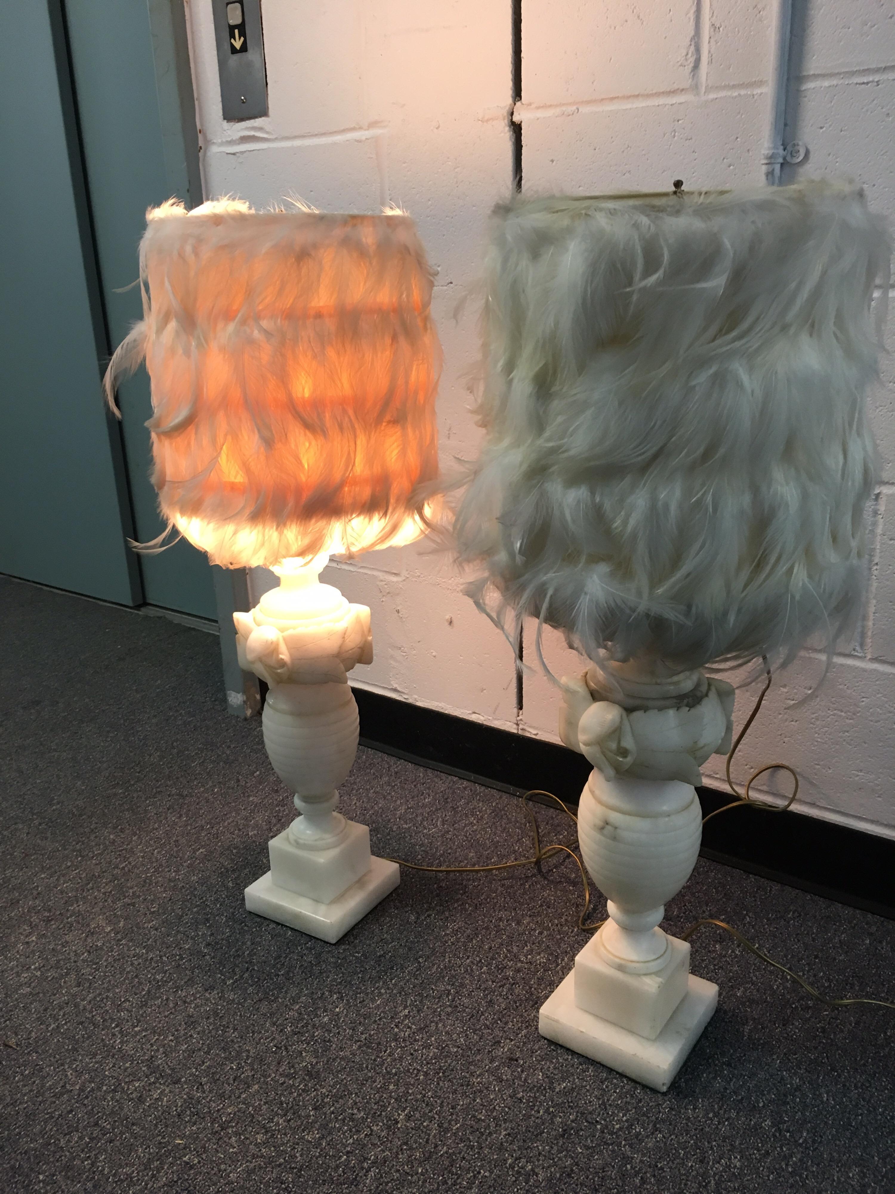 Pair of White Alabaster Carved Lamps with Custom Feather Shades 13