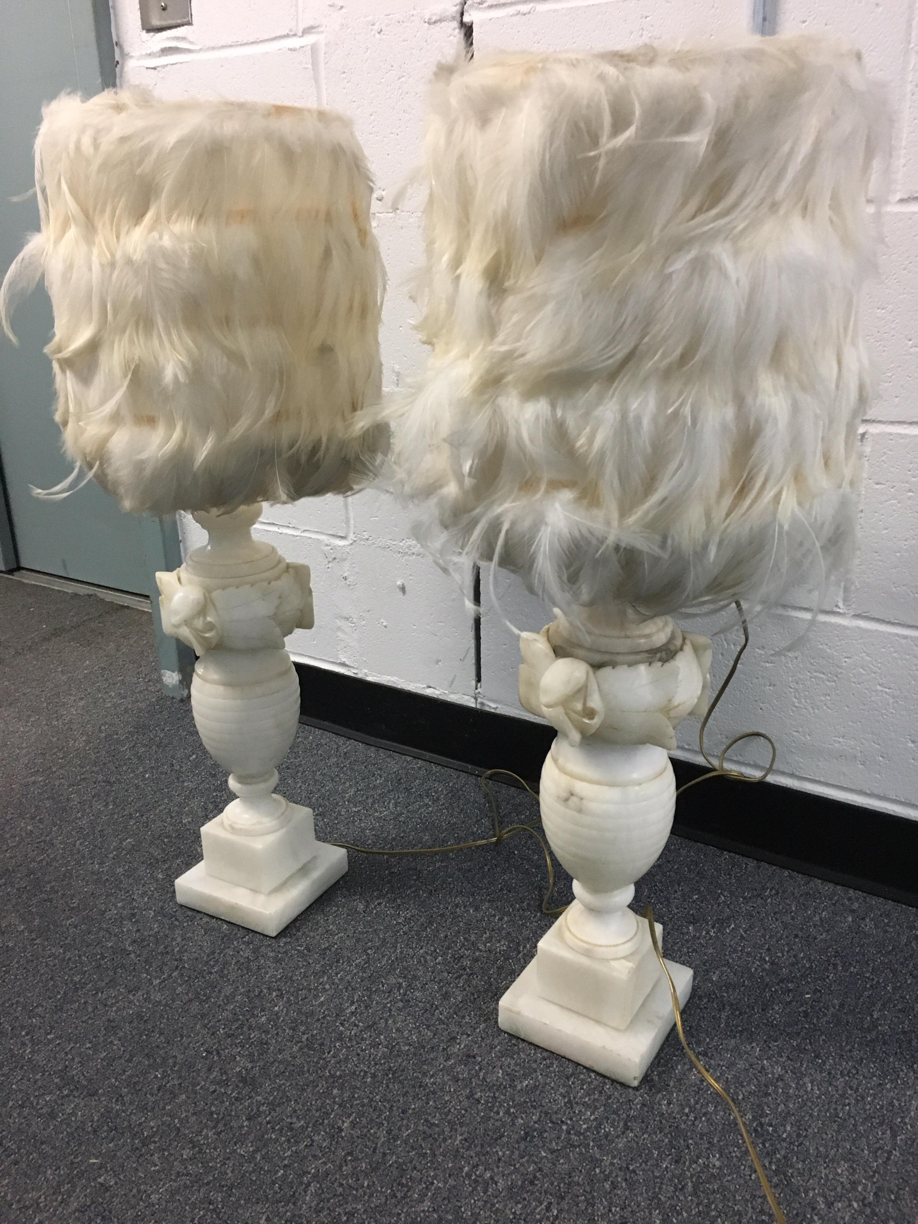 Pair of White Alabaster Carved Lamps with Custom Feather Shades In Good Condition In Southampton, NY