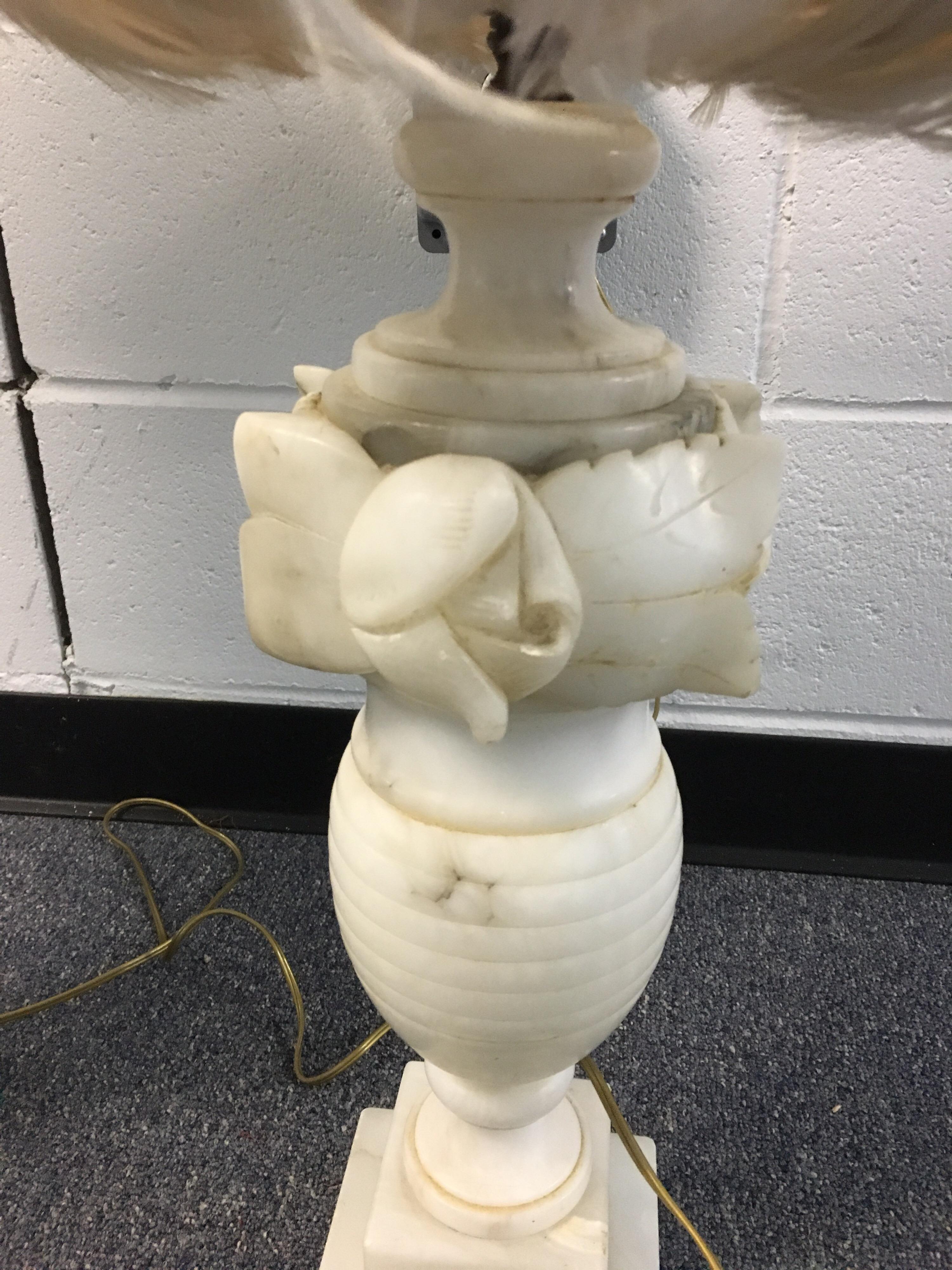 20th Century Pair of White Alabaster Carved Lamps with Custom Feather Shades