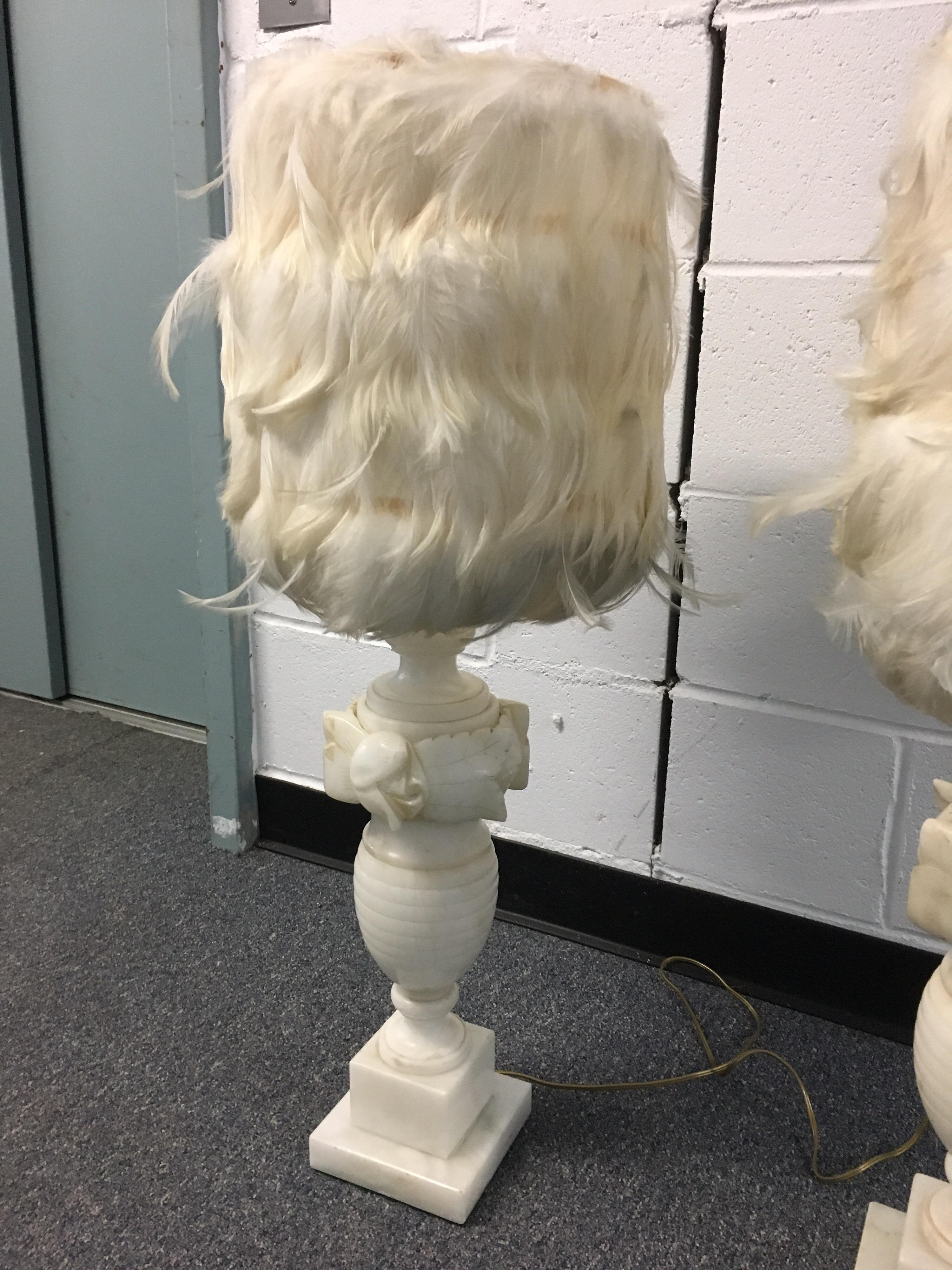 Pair of White Alabaster Carved Lamps with Custom Feather Shades 2